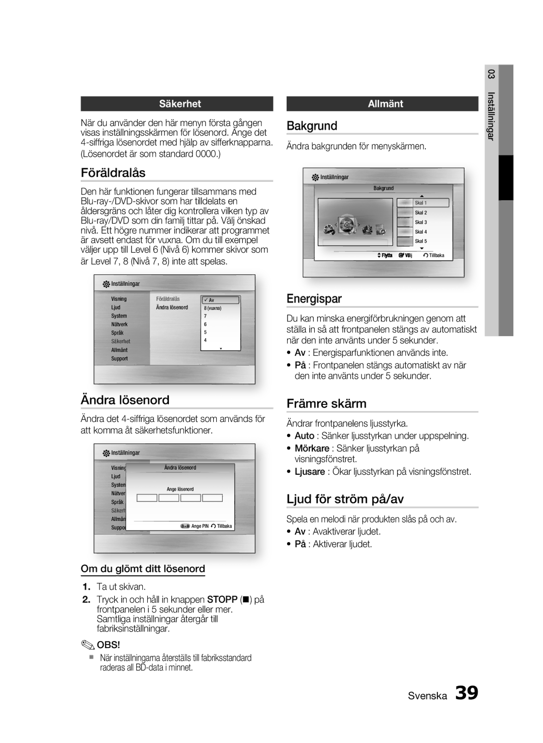 Samsung HT-C5200/XEE manual Föräldralås, Ändra lösenord, Bakgrund, Energispar, Främre skärm, Ljud för ström på/av 