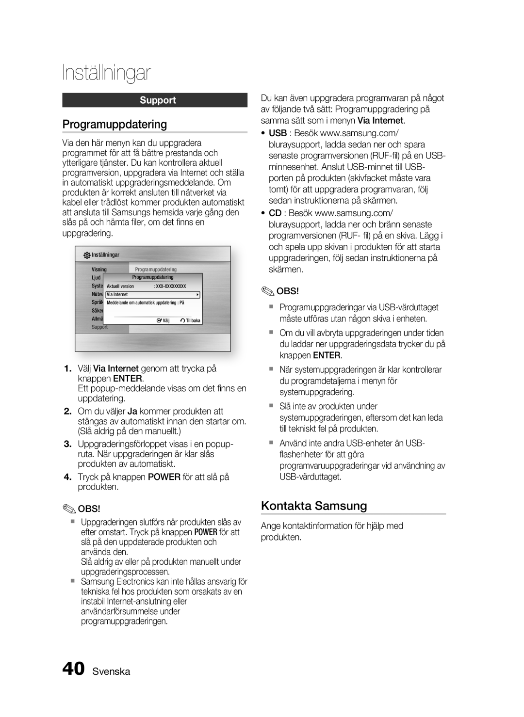 Samsung HT-C5200/XEE manual Programuppdatering, Kontakta Samsung, Support, Ange kontaktinformation för hjälp med produkten 