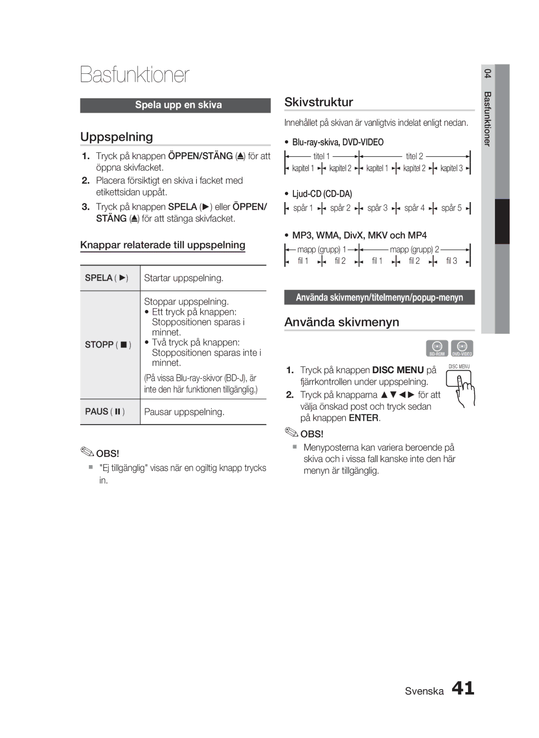 Samsung HT-C5200/XEE manual Basfunktioner, Uppspelning, Skivstruktur, Använda skivmenyn 