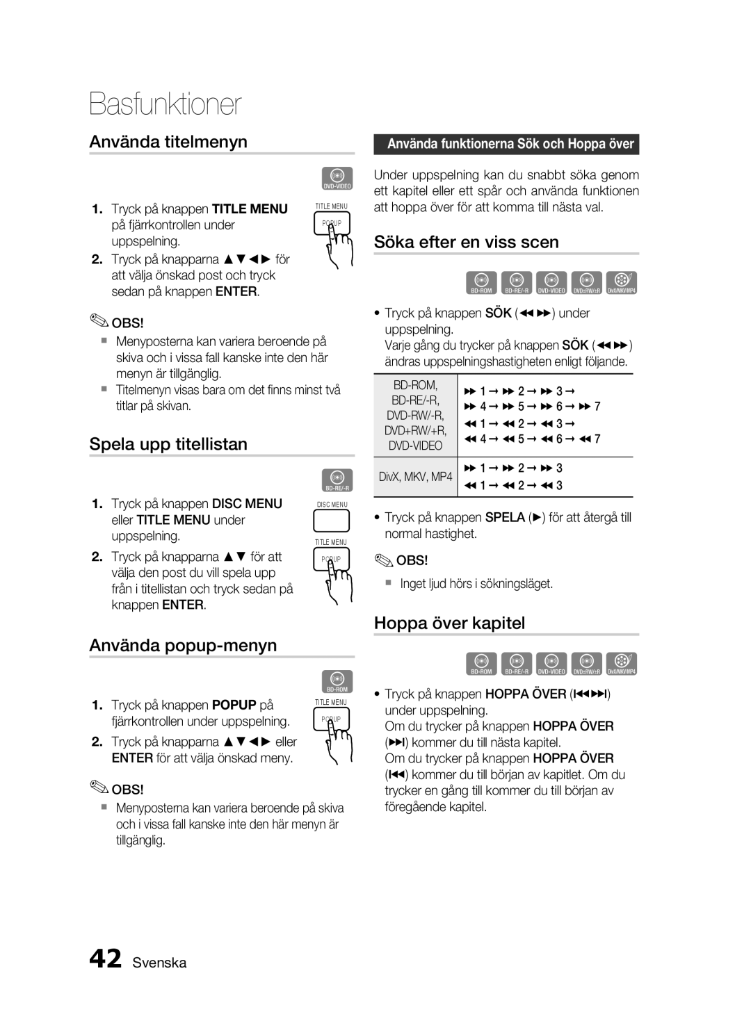 Samsung HT-C5200/XEE manual Använda titelmenyn, Söka efter en viss scen, Spela upp titellistan, Använda popup-menyn 