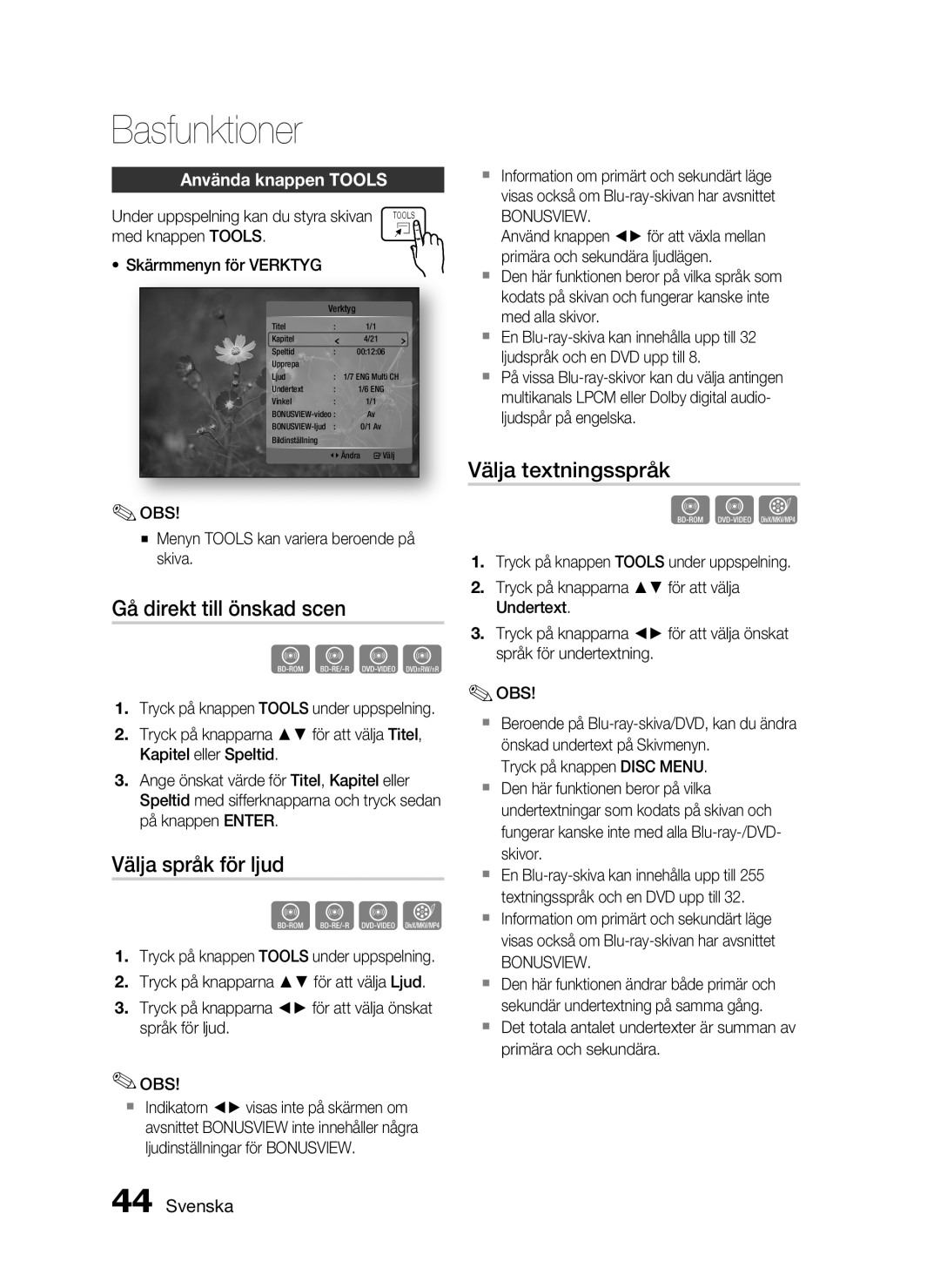 Samsung HT-C5200/XEE manual Gå direkt till önskad scen, Välja språk för ljud, Välja textningsspråk, Använda knappen Tools 