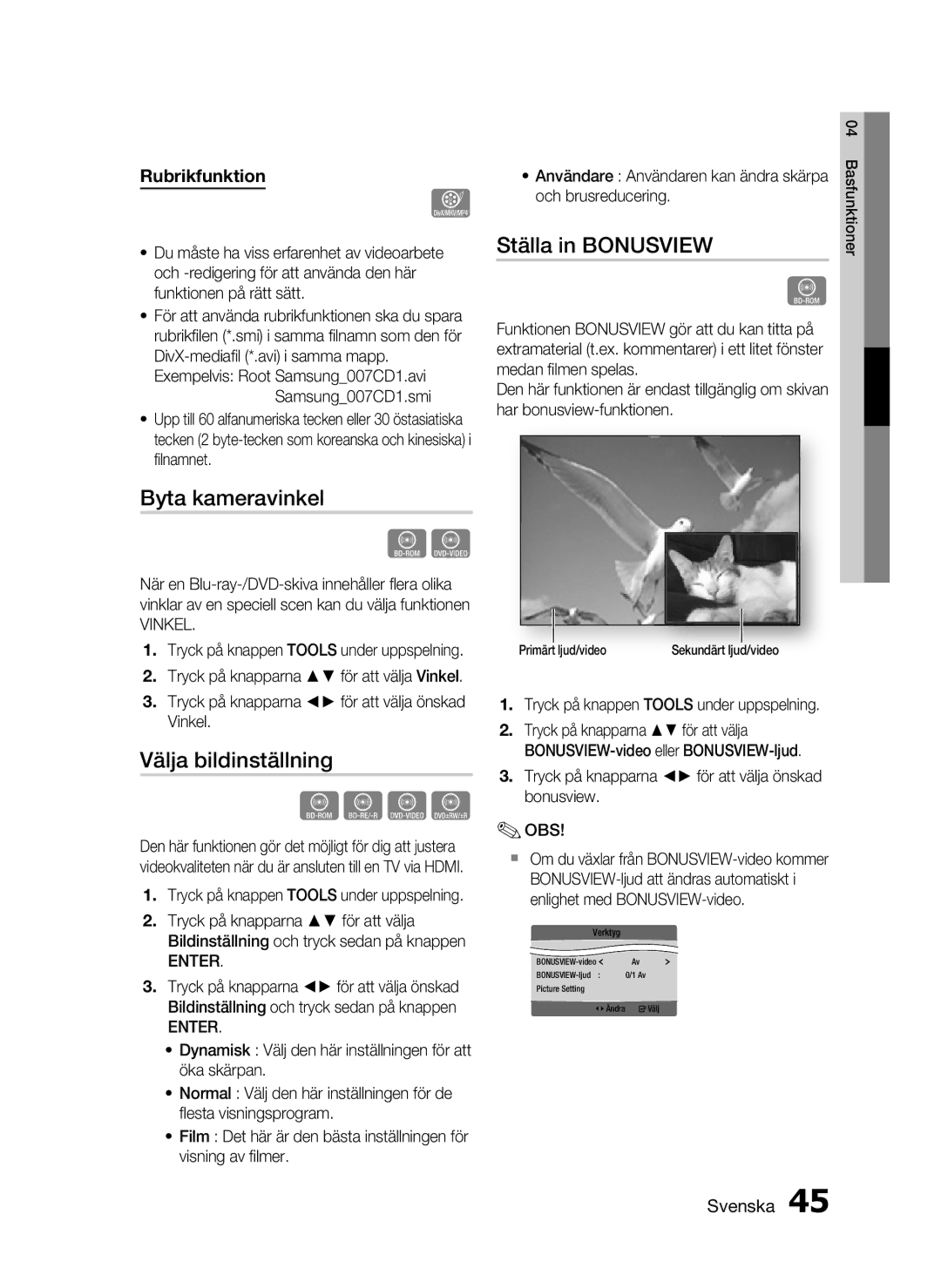 Samsung HT-C5200/XEE manual Byta kameravinkel, Välja bildinställning, Ställa in Bonusview, Vinkel 