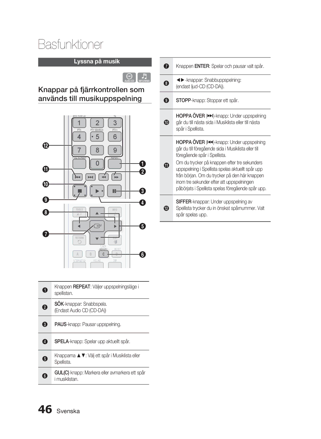 Samsung HT-C5200/XEE manual Lyssna på musik, Knappen Repeat Väljer uppspelningsläge i spellistan 