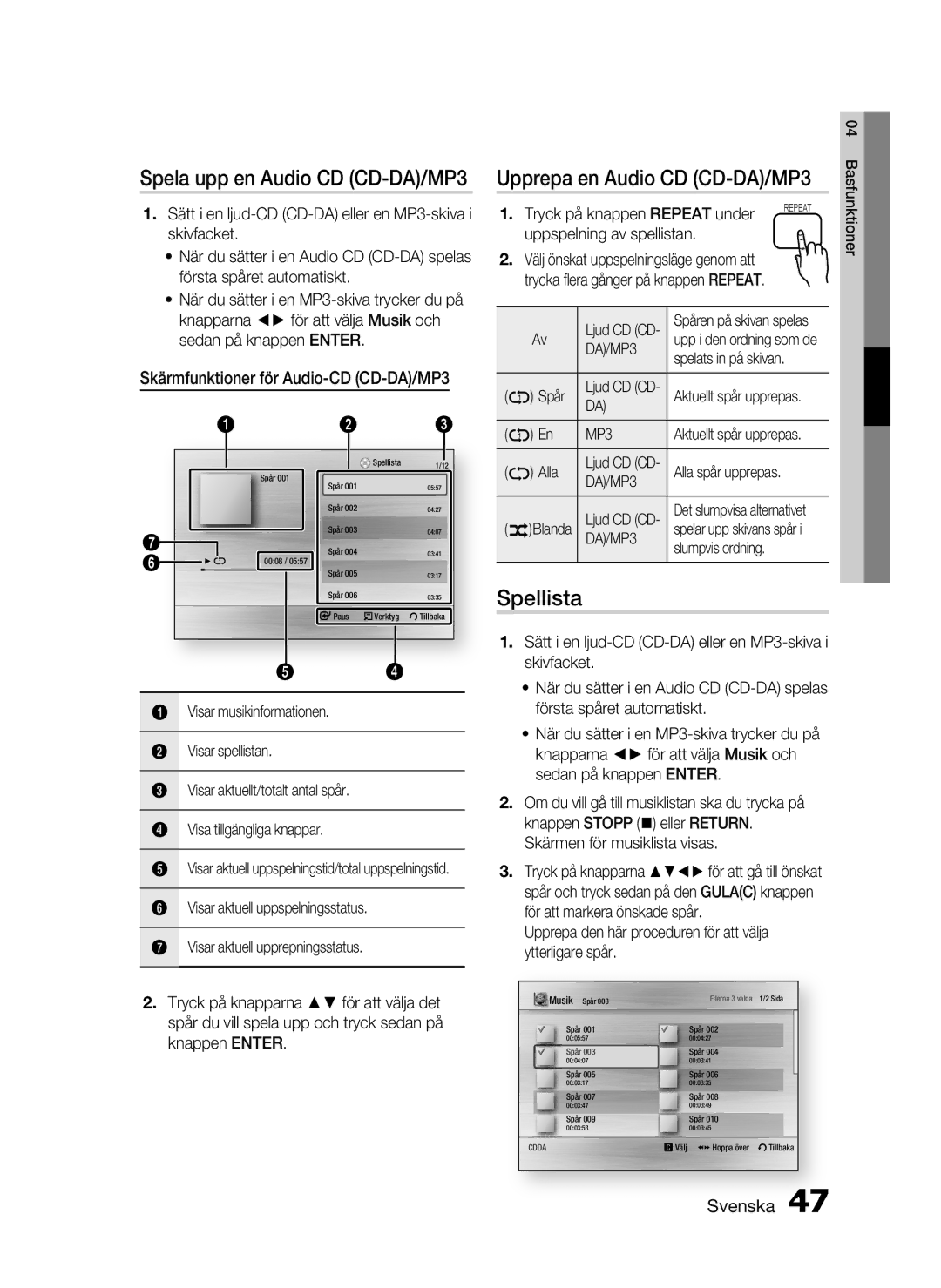 Samsung HT-C5200/XEE manual Spellista, Skärmfunktioner för Audio-CD CD-DA/MP3 