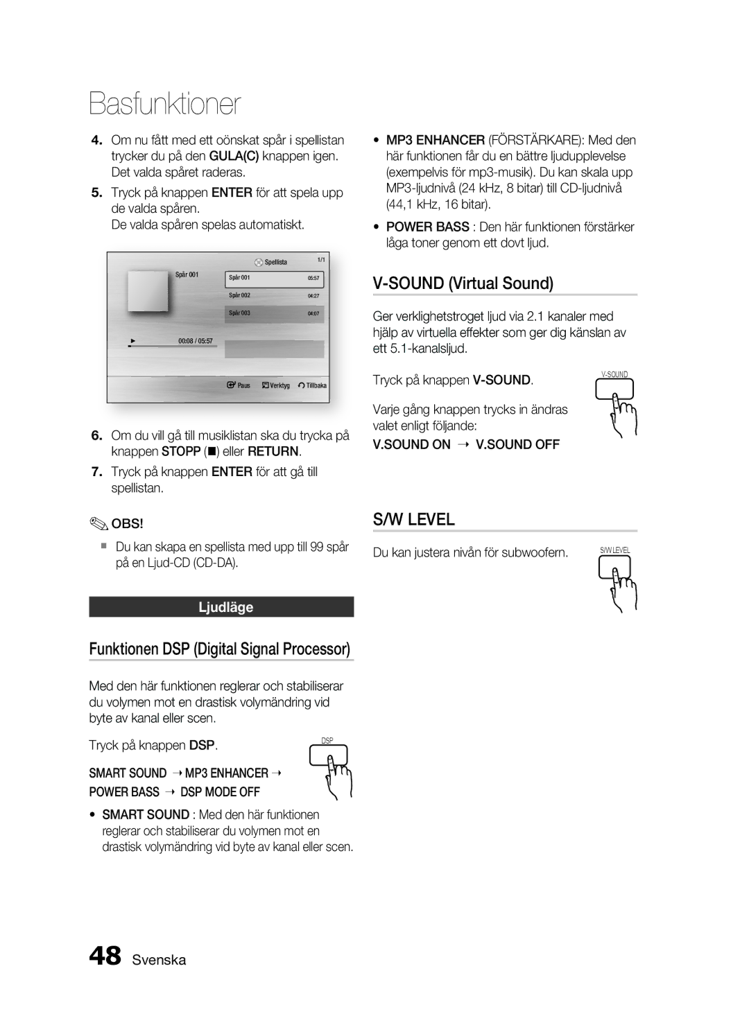 Samsung HT-C5200/XEE manual Sound Virtual Sound, Ljudläge, Funktionen DSP Digital Signal Processor, Sound on V.SOUND OFF 