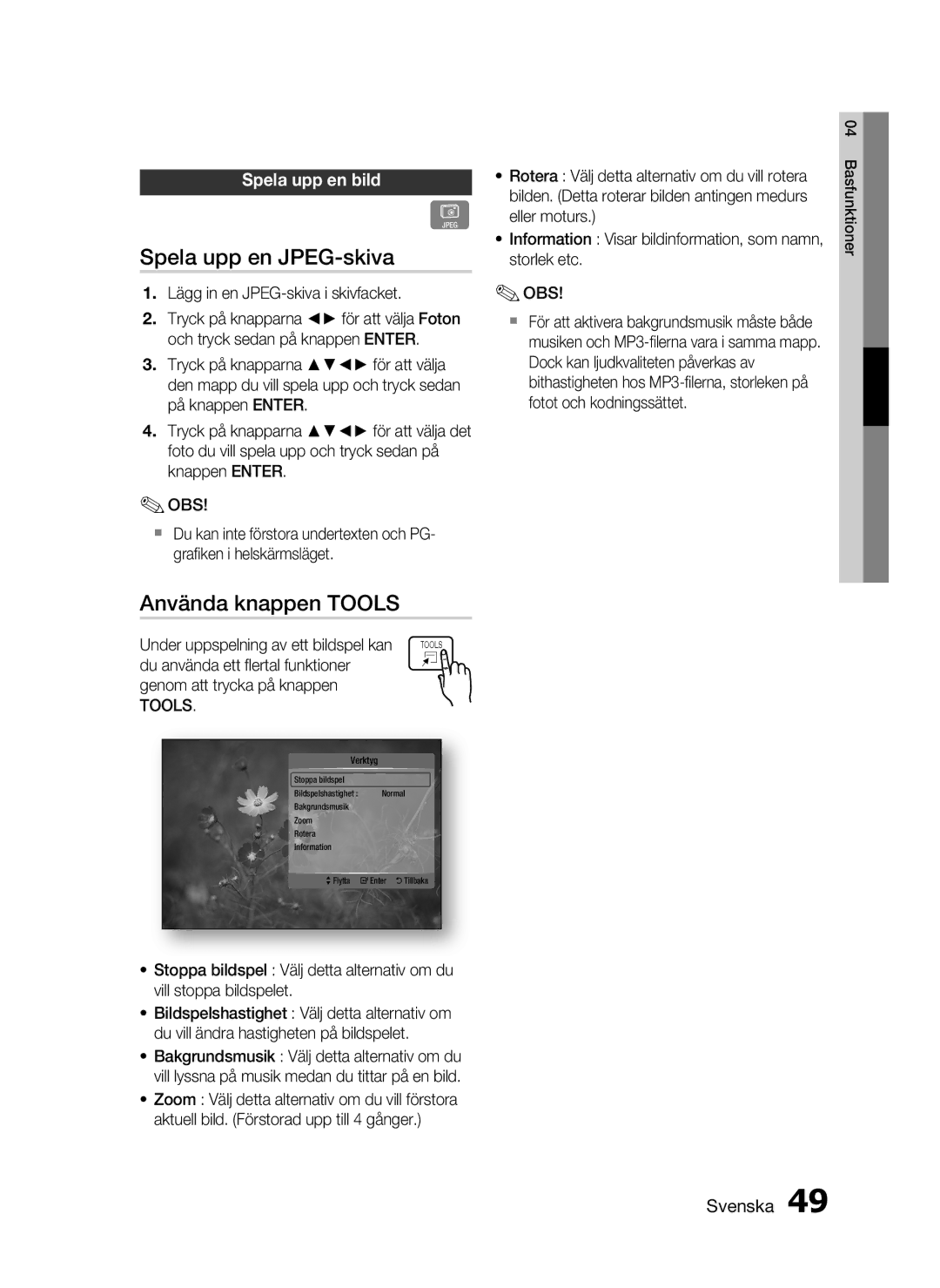 Samsung HT-C5200/XEE manual Spela upp en JPEG-skiva, Använda knappen Tools, Spela upp en bild 