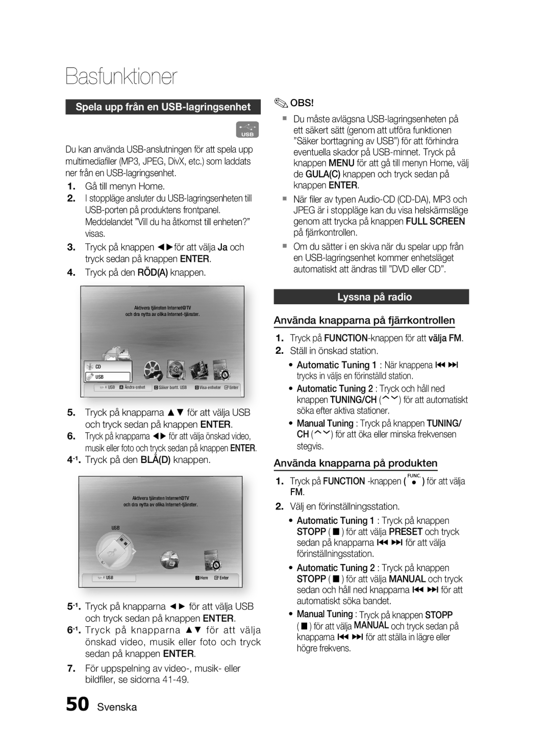 Samsung HT-C5200/XEE manual Spela upp från en USB-lagringsenhet, Lyssna på radio, Använda knapparna på fjärrkontrollen 