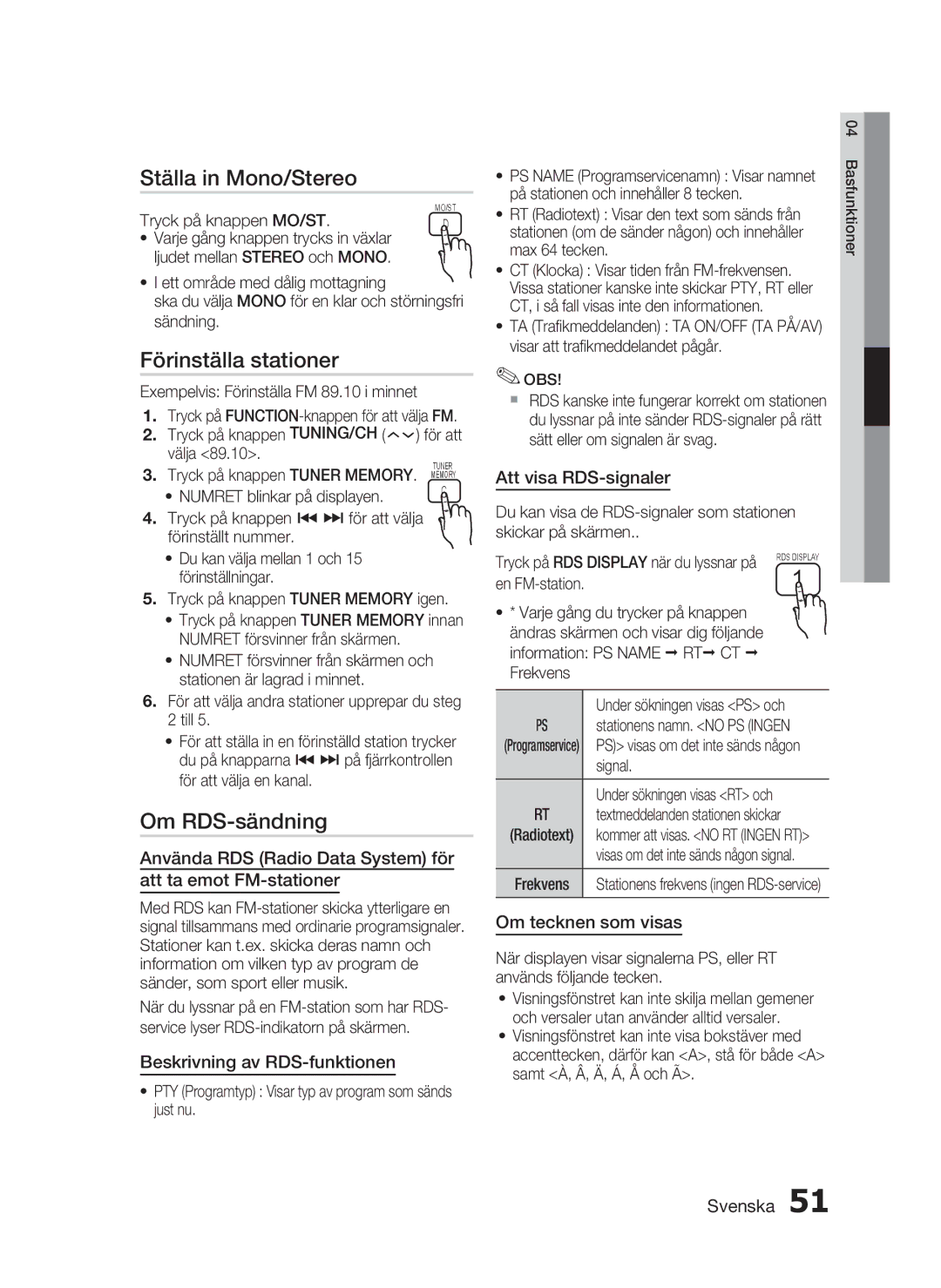 Samsung HT-C5200/XEE manual Ställa in Mono/Stereo, Förinställa stationer, Om RDS-sändning 