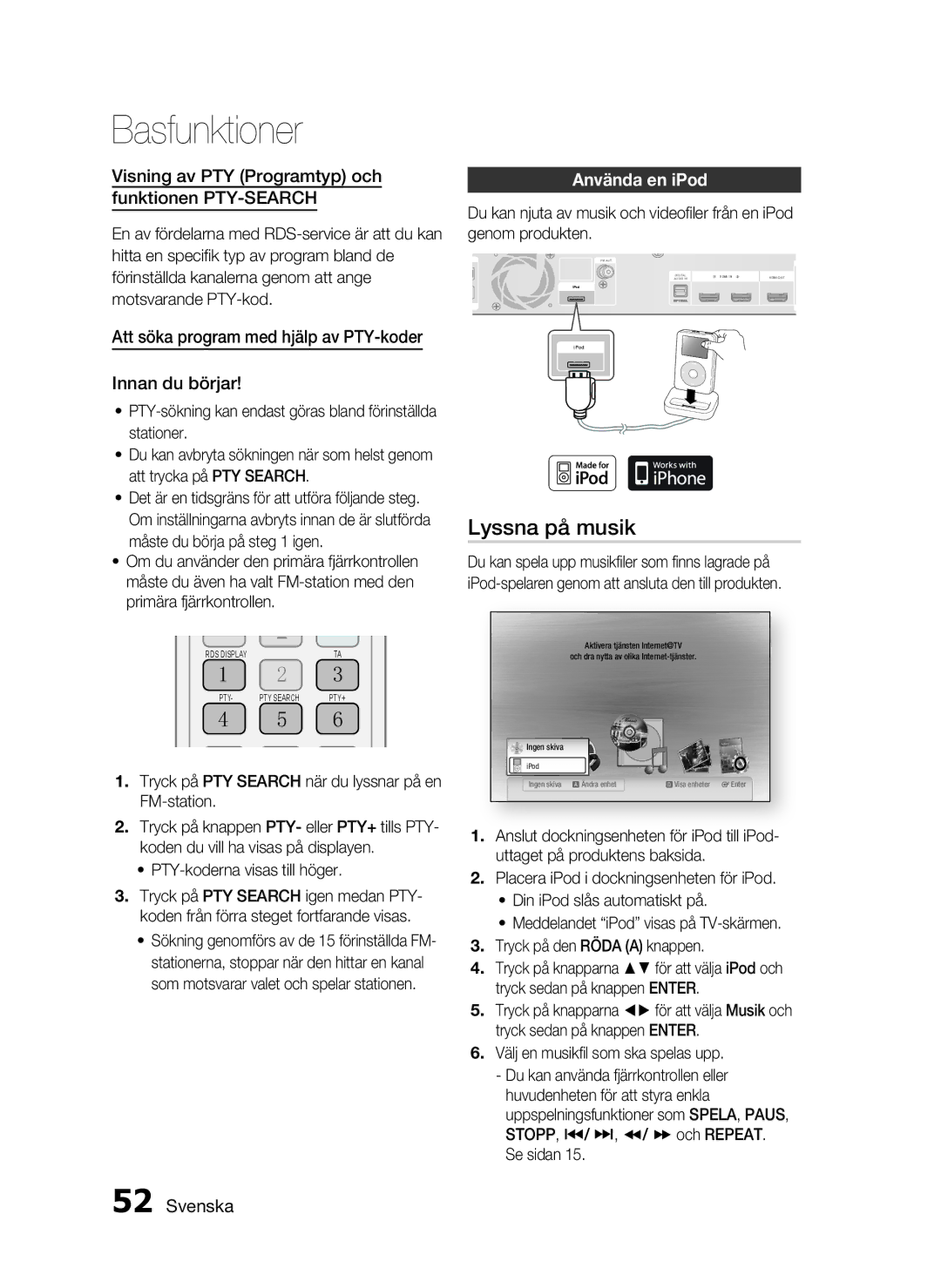 Samsung HT-C5200/XEE manual Lyssna på musik, Visning av PTY Programtyp och Funktionen PTY-SEARCH, Använda en iPod 