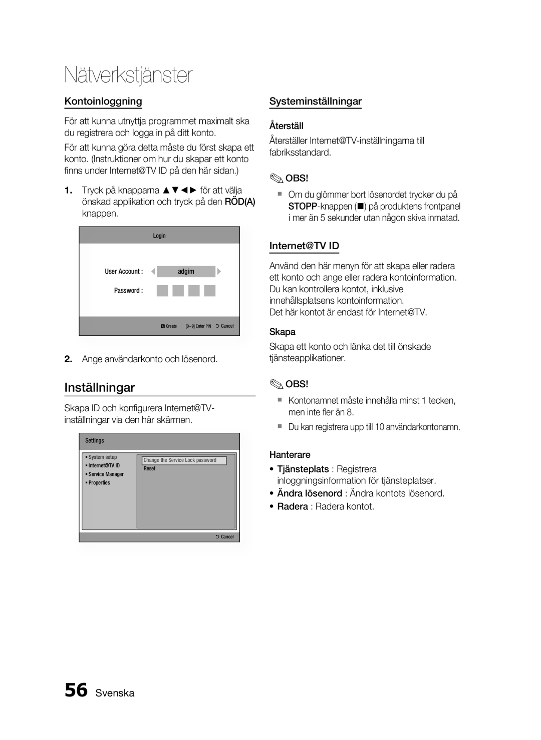 Samsung HT-C5200/XEE manual Inställningar, Kontoinloggning, Systeminställningar, Internet@TV ID 