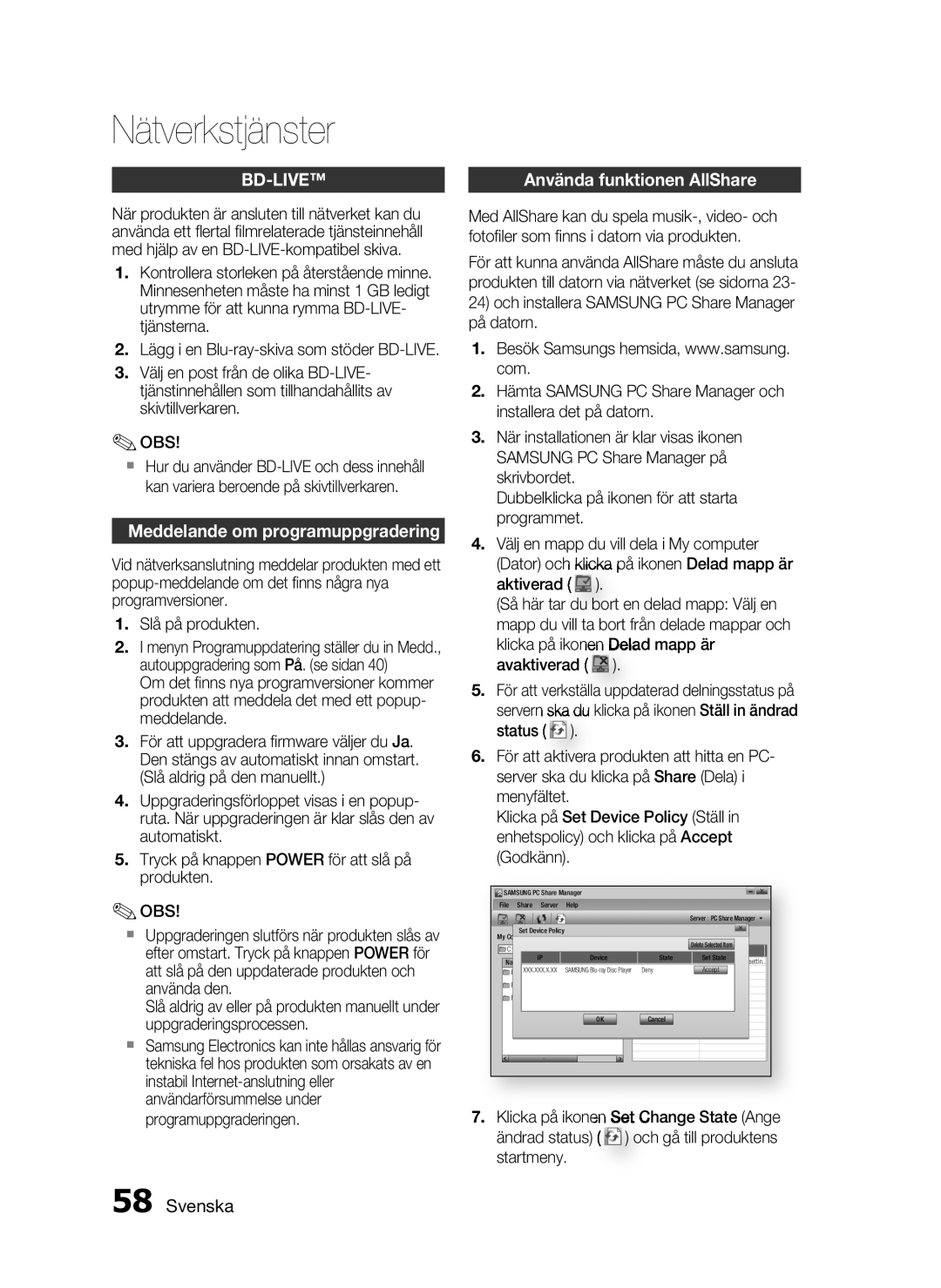 Samsung HT-C5200/XEE manual Bd-Live, Meddelande om programuppgradering 