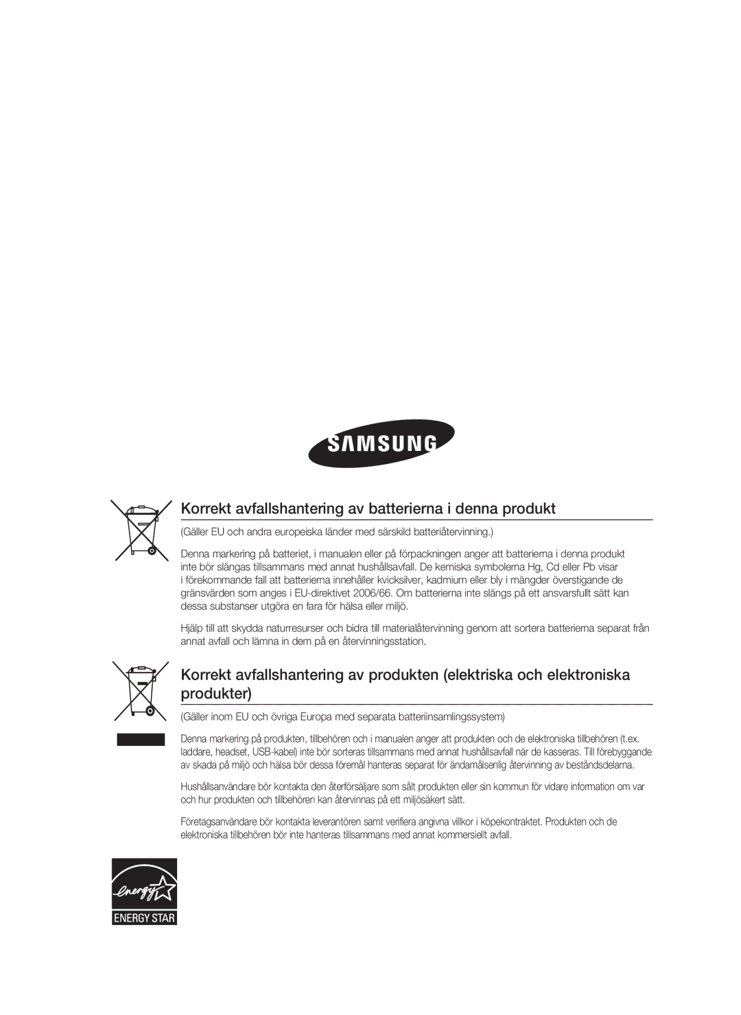 Samsung HT-C5200/XEE manual Korrekt avfallshantering av batterierna i denna produkt 