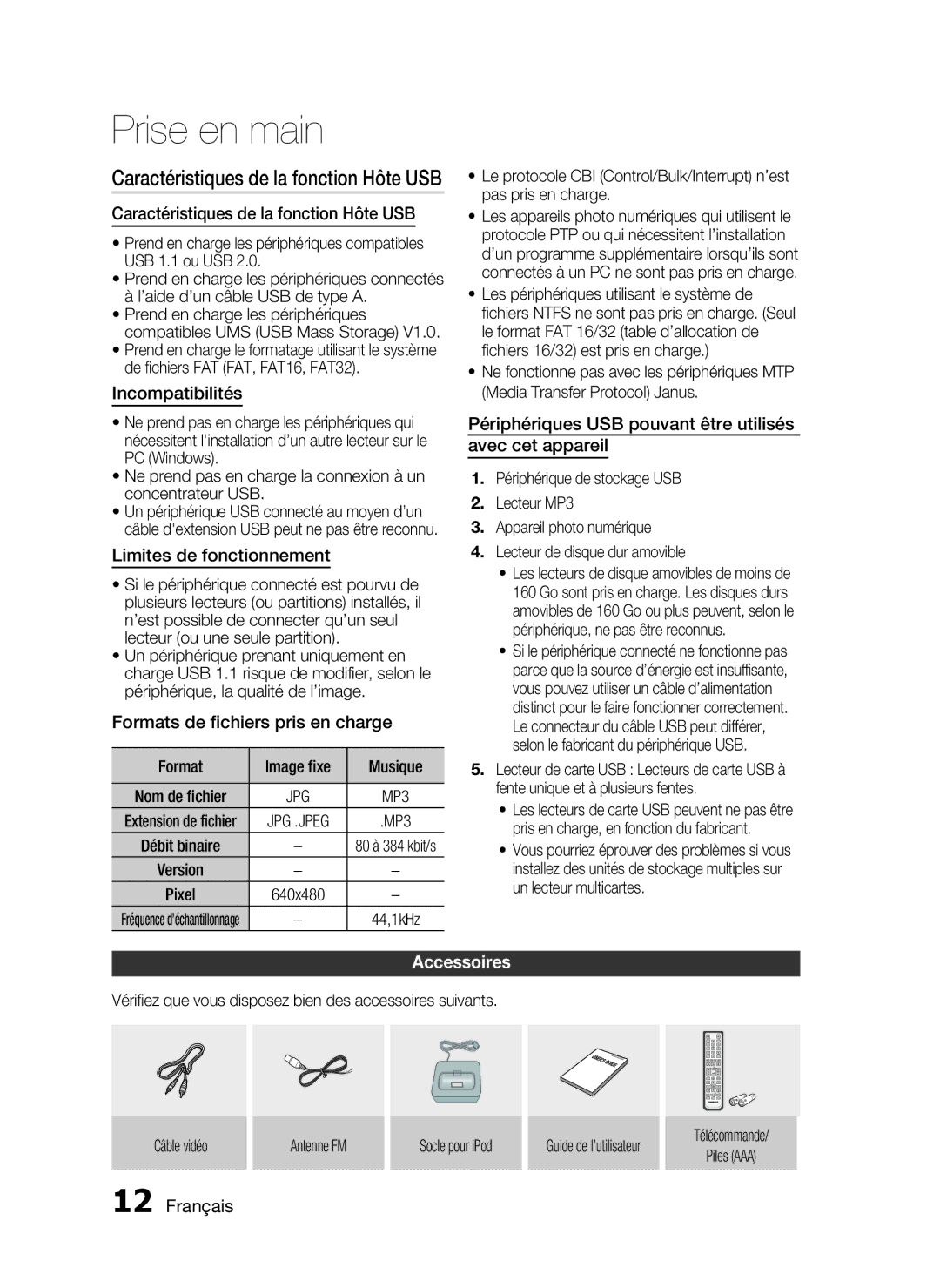 Samsung HT-C5200/XEF manual Caractéristiques de la fonction Hôte USB, Accessoires 