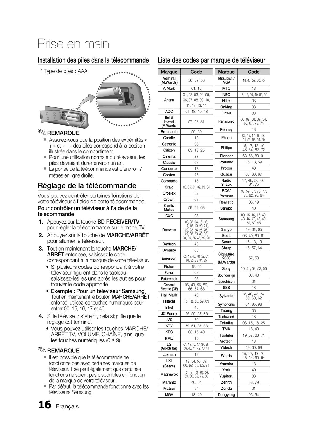 Samsung HT-C5200/XEF manual Liste des codes par marque de téléviseur, Réglage de la télécommande, Type de piles AAA 