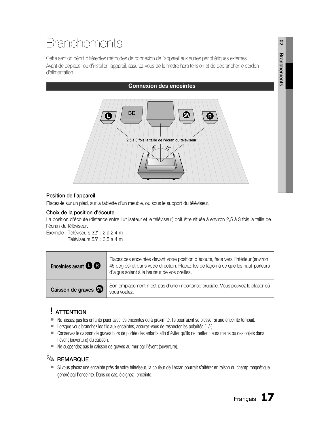 Samsung HT-C5200/XEF manual Branchements, Connexion des enceintes, Enceintes avant ei Caisson de graves g 