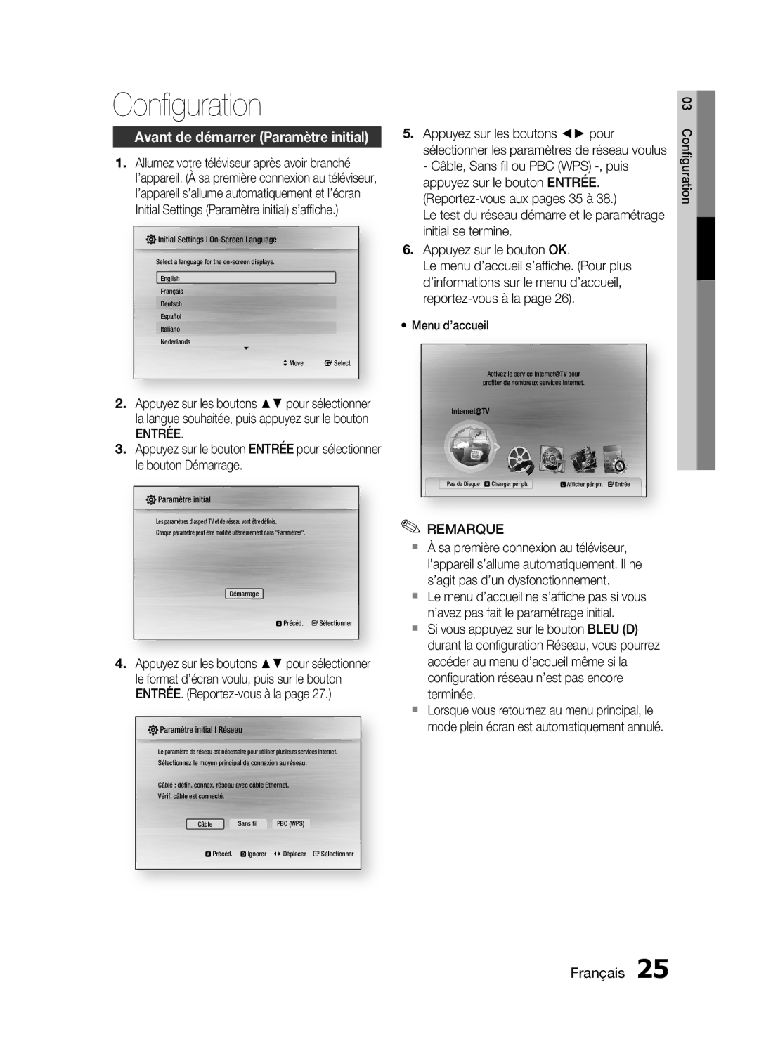 Samsung HT-C5200/XEF manual Conﬁguration, Avant de démarrer Paramètre initial, Entrée, Appuyez sur les boutons pour 