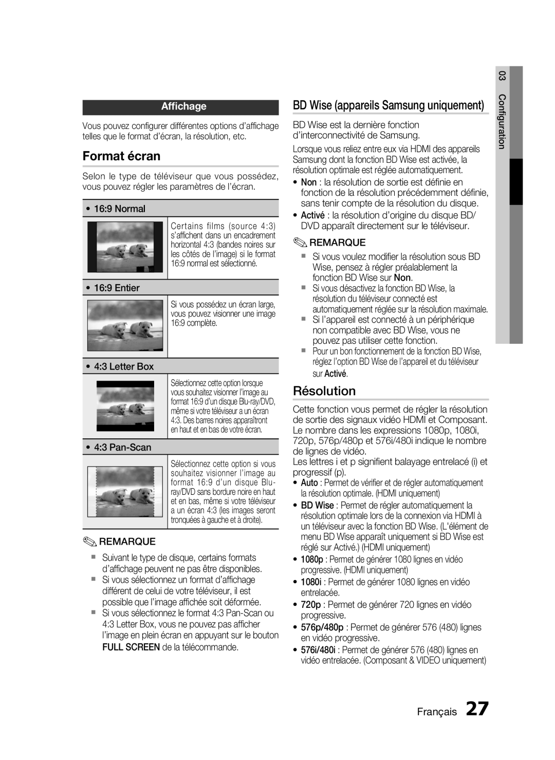 Samsung HT-C5200/XEF manual Résolution, Afﬁchage 