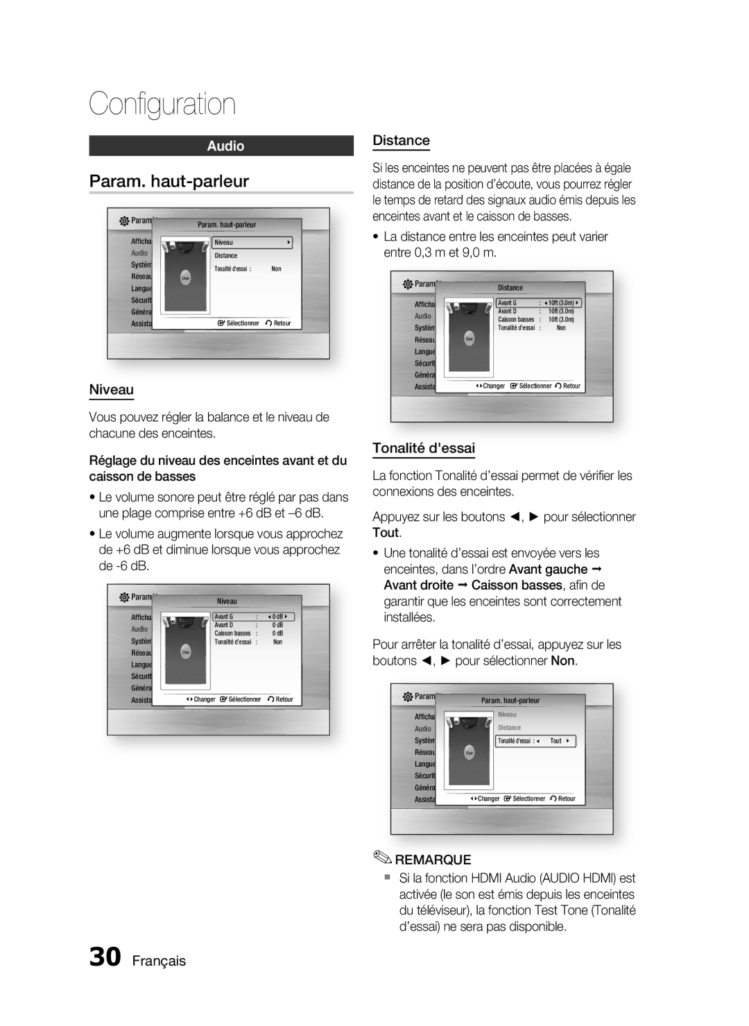Samsung HT-C5200/XEF manual Param. haut-parleur, Audio, Niveau, Distance, Tonalité dessai 