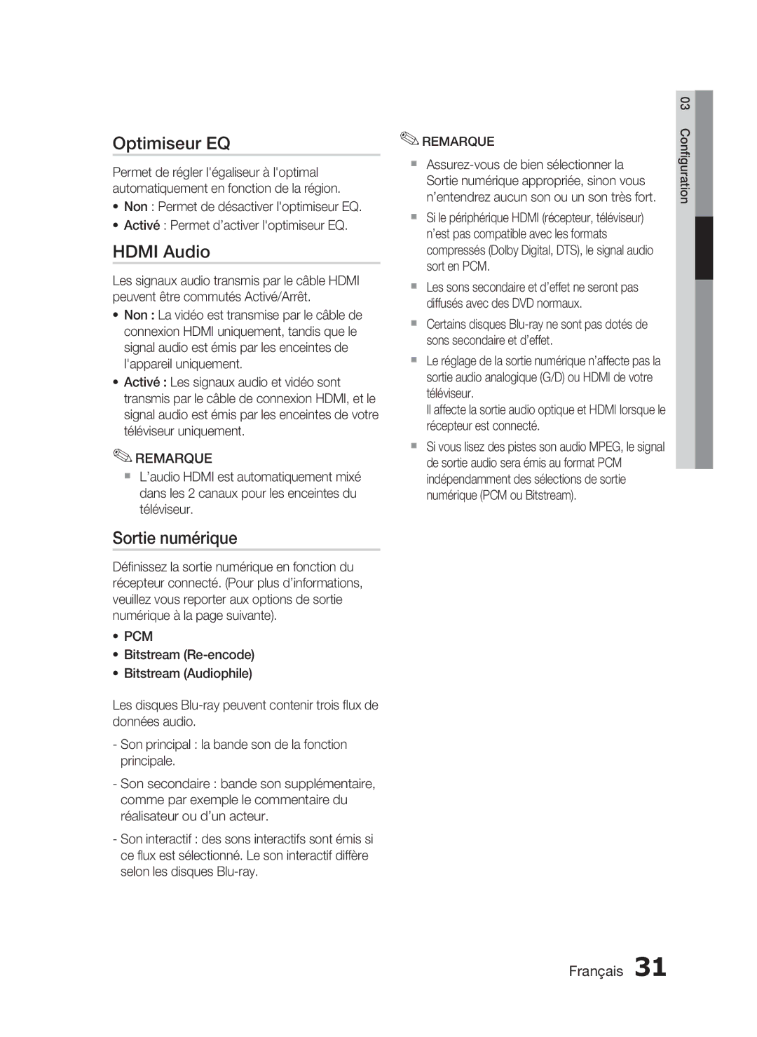 Samsung HT-C5200/XEF manual Optimiseur EQ, Hdmi Audio, Sortie numérique 