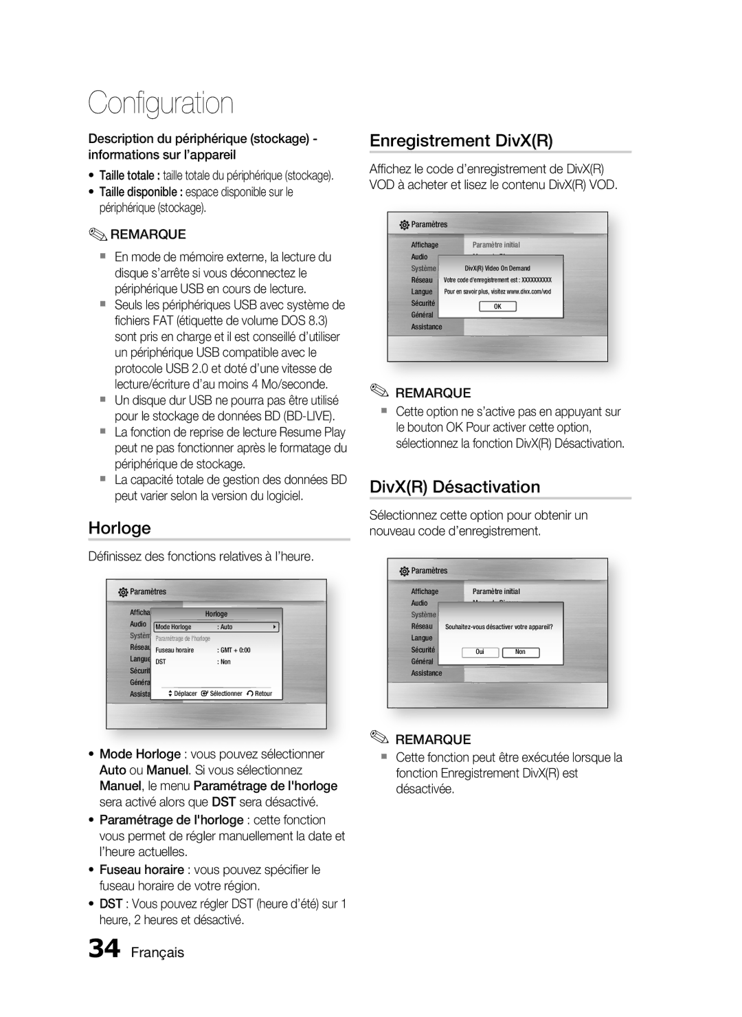 Samsung HT-C5200/XEF manual Horloge, Enregistrement DivXR, DivXR Désactivation, Déﬁnissez des fonctions relatives à l’heure 