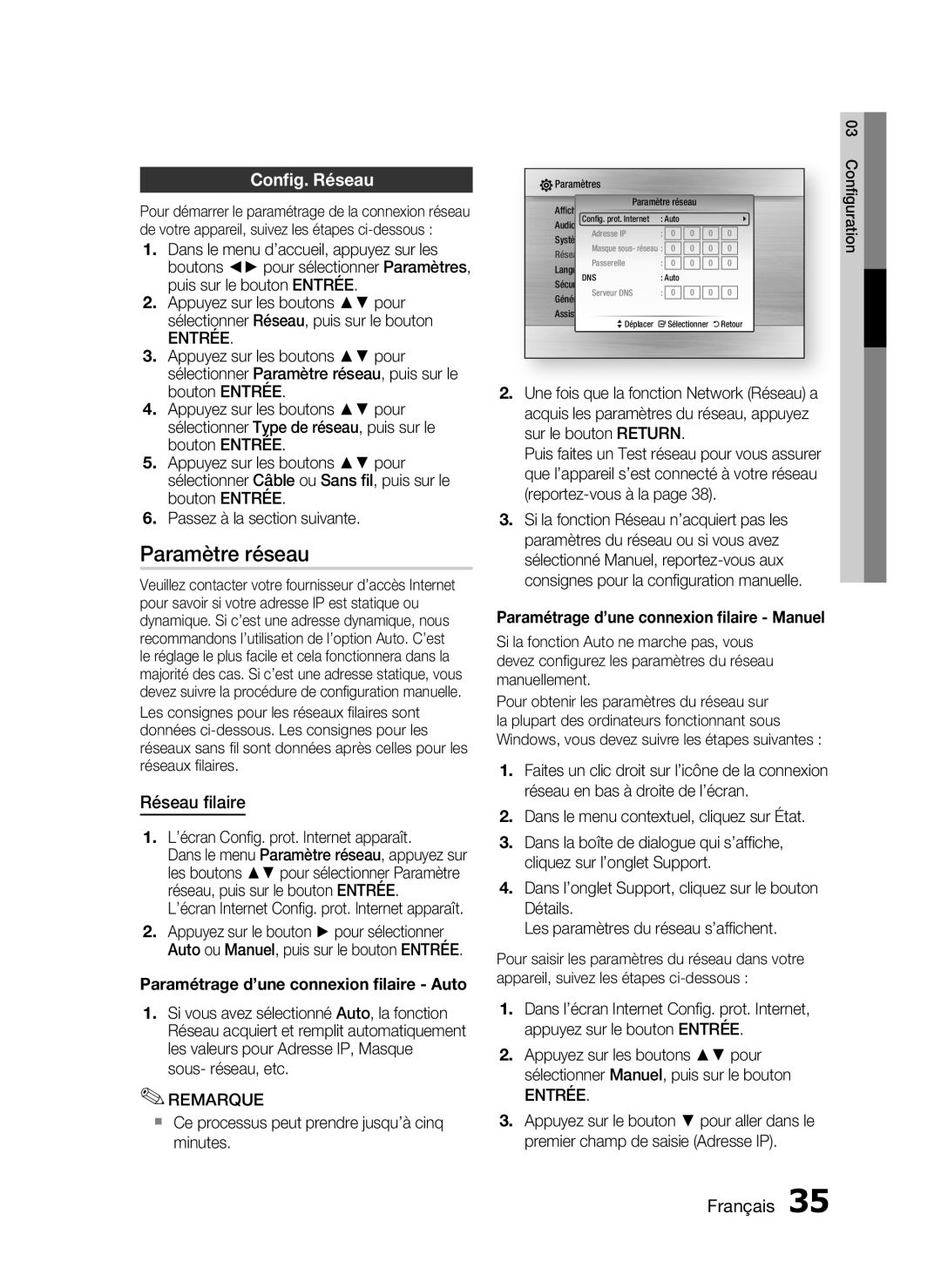 Samsung HT-C5200/XEF manual Paramètre réseau, Conﬁg. Réseau, Réseau ﬁlaire 