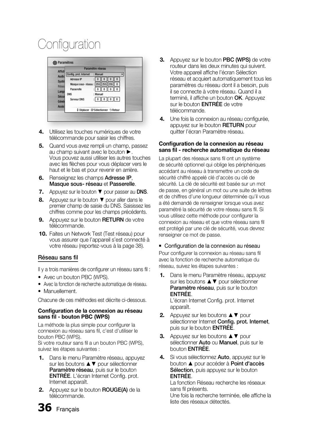 Samsung HT-C5200/XEF manual Réseau sans ﬁl, Appuyez sur le bouton Return de votre télécommande, Avec un bouton PBC WPS 