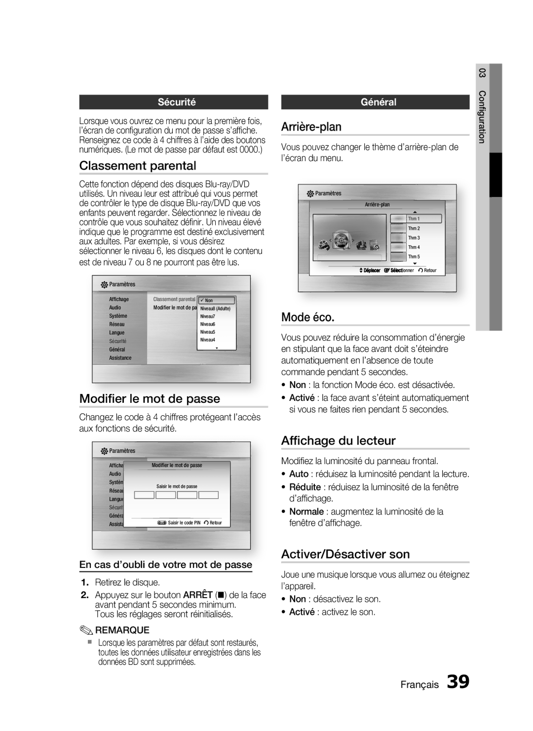 Samsung HT-C5200/XEF manual Arrière-plan, Classement parental, Modiﬁer le mot de passe, Mode éco, Afﬁchage du lecteur 