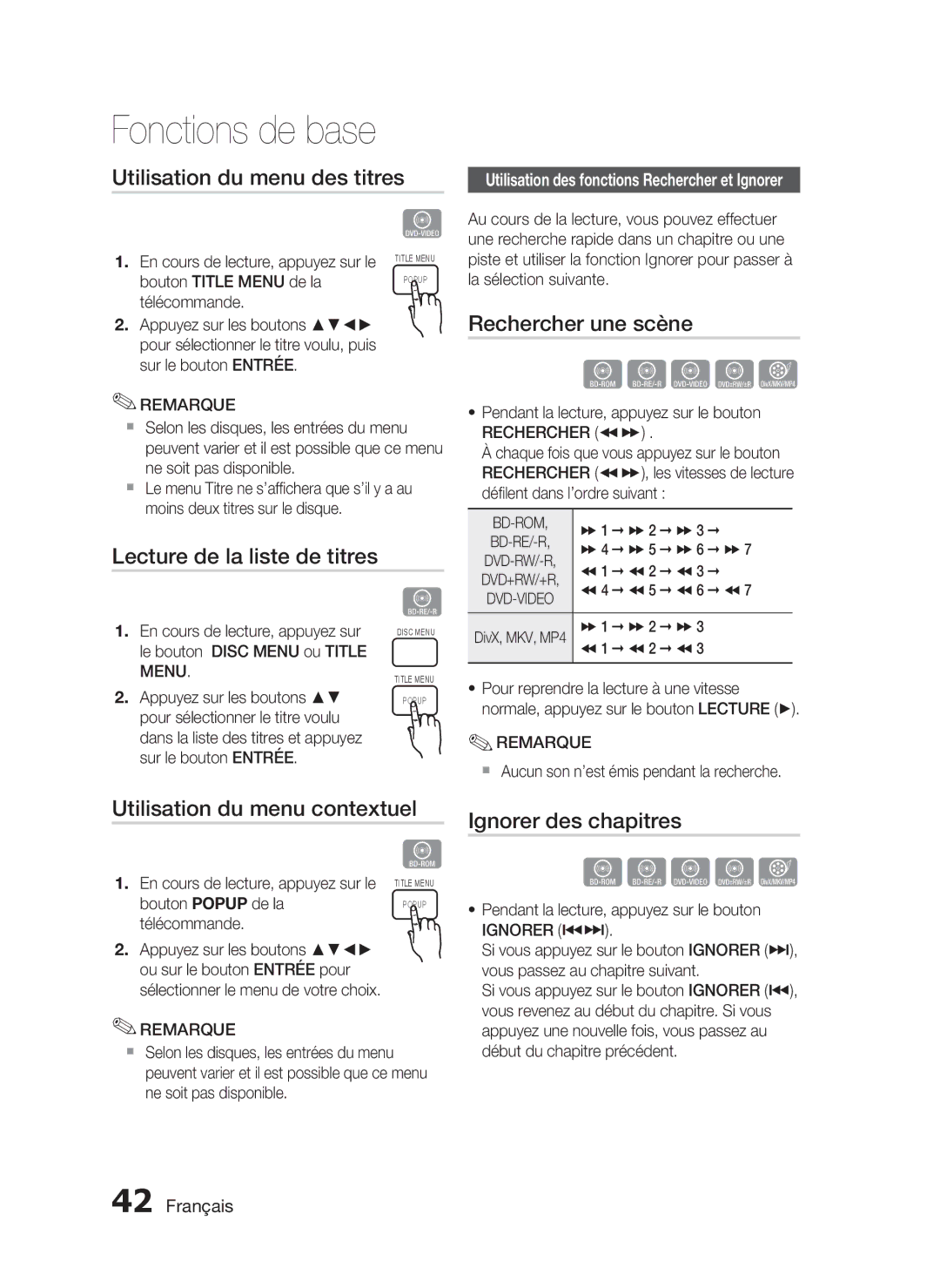 Samsung HT-C5200/XEF manual Utilisation du menu des titres, Rechercher une scène, Lecture de la liste de titres 