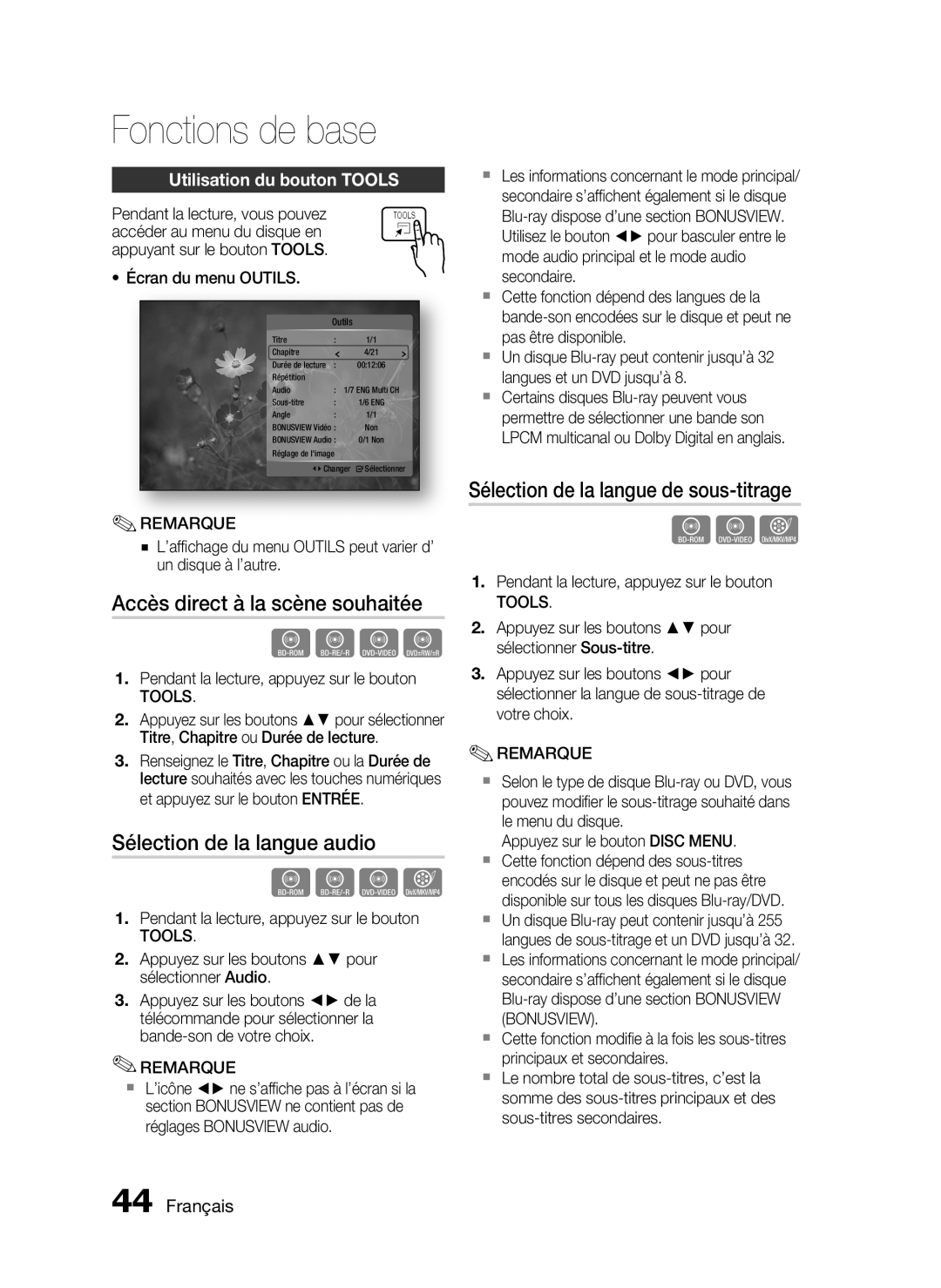 Samsung HT-C5200/XEF manual Accès direct à la scène souhaitée, Sélection de la langue audio, Utilisation du bouton Tools 