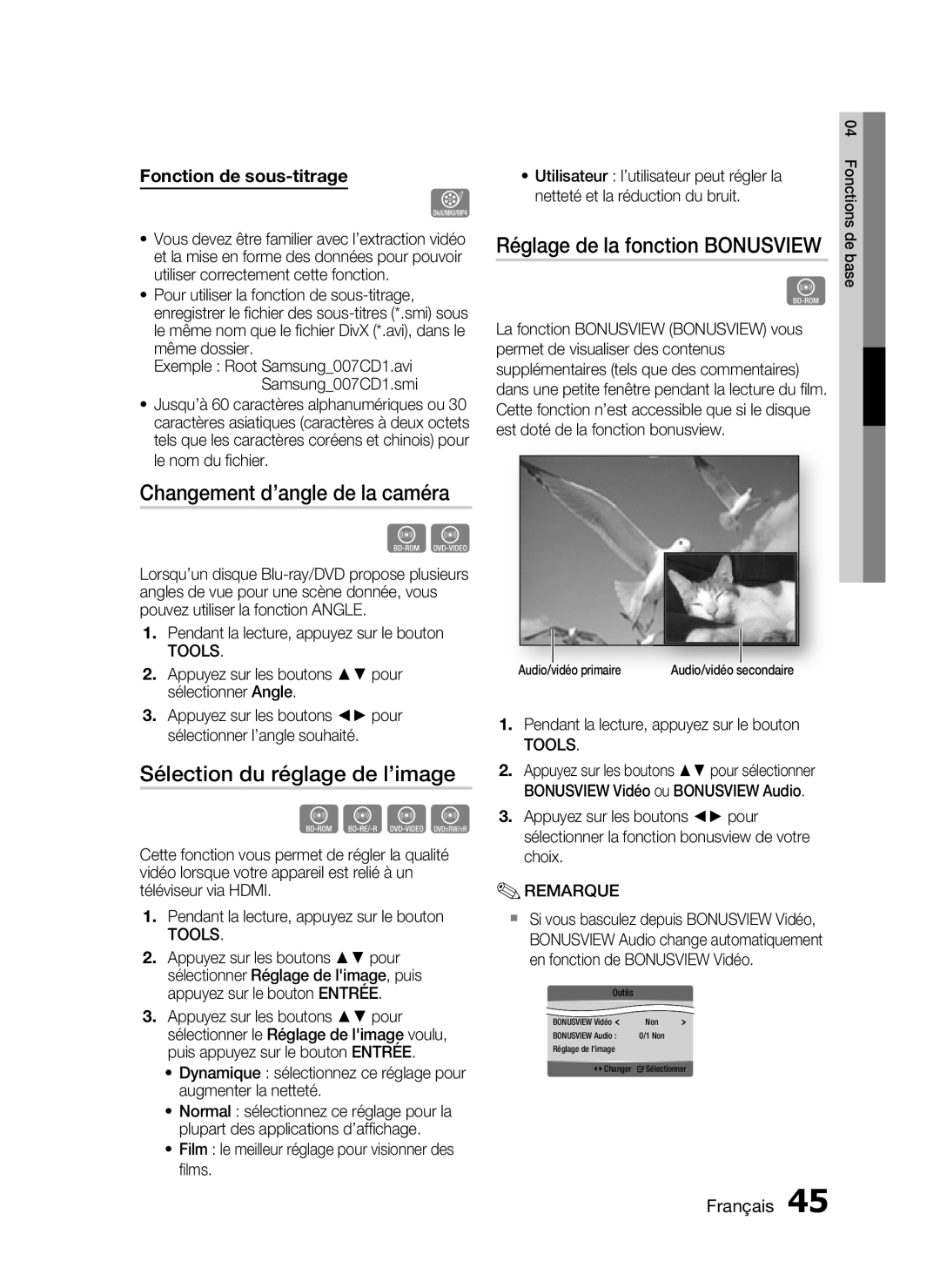 Samsung HT-C5200/XEF Changement d’angle de la caméra, Sélection du réglage de l’image, Réglage de la fonction Bonusview 