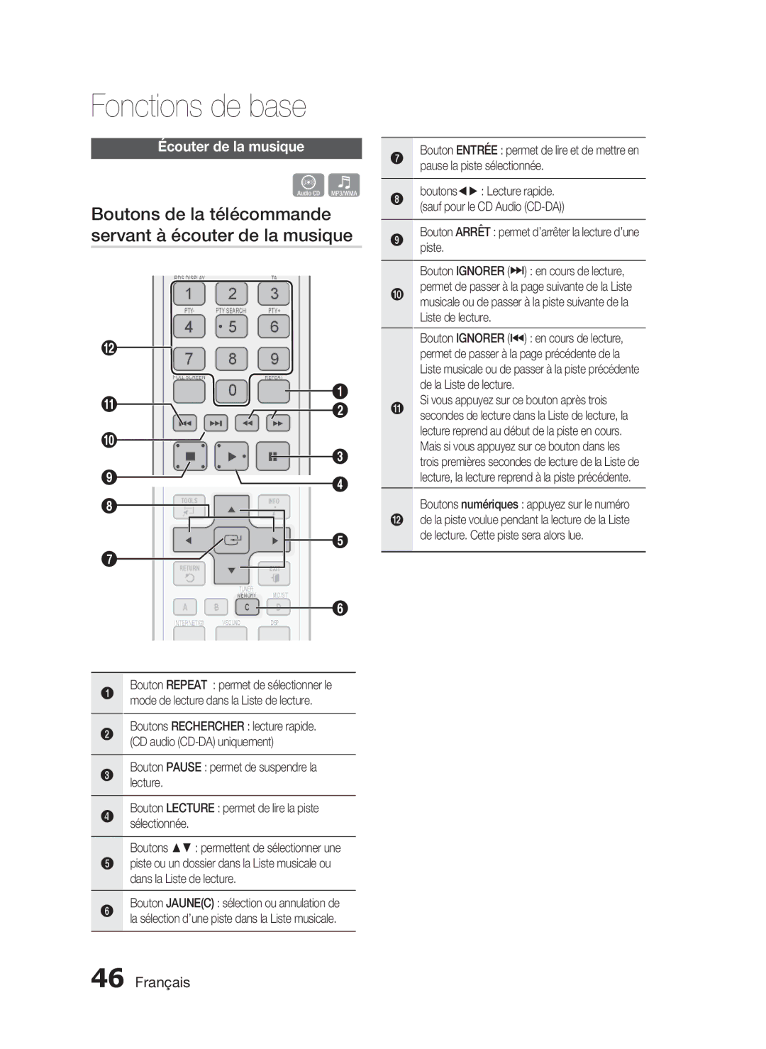 Samsung HT-C5200/XEF manual Boutons de la télécommande servant à écouter de la musique, Écouter de la musique 