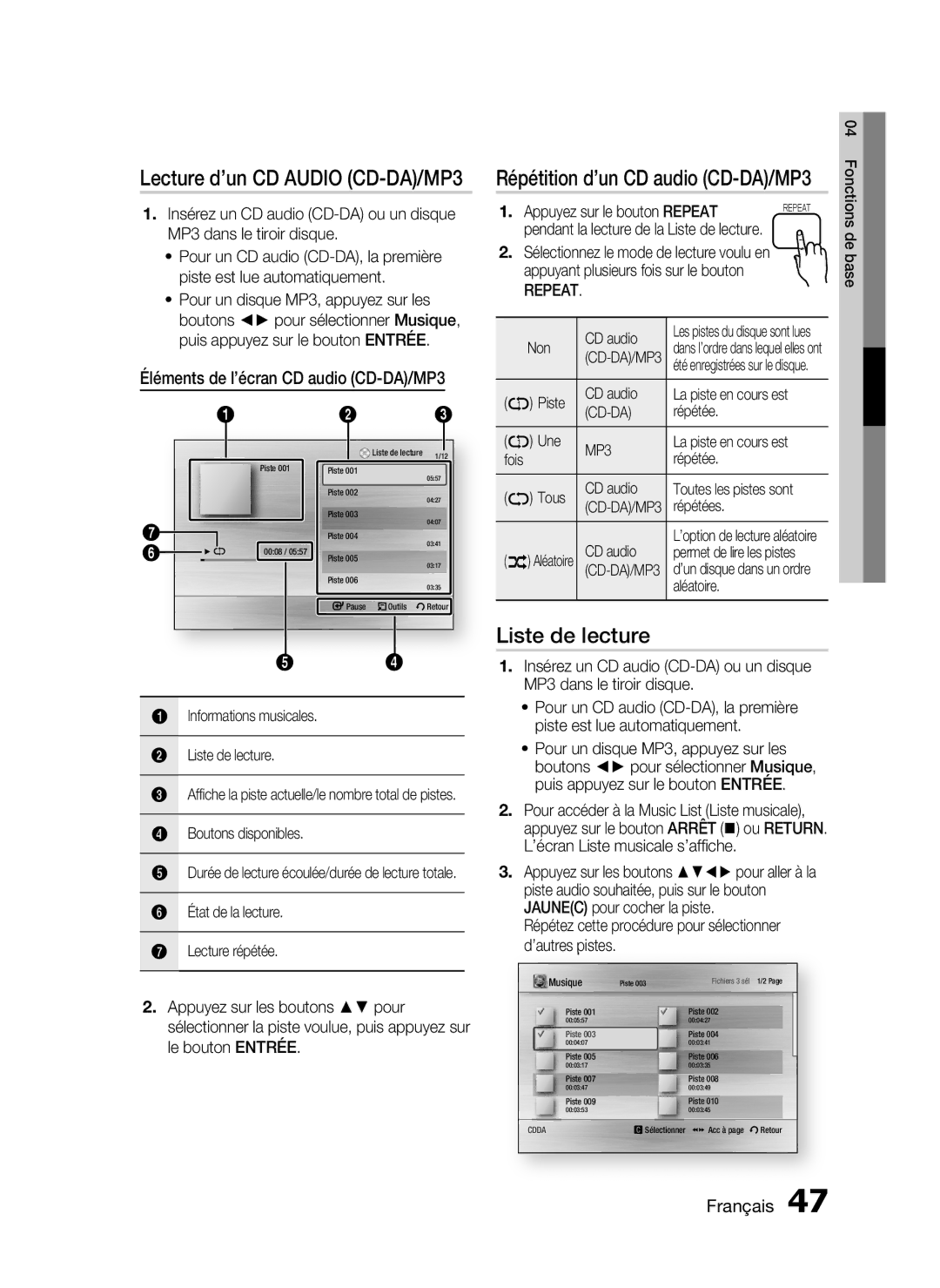 Samsung HT-C5200/XEF manual Liste de lecture, Lecture d’un CD Audio CD-DA/MP3, Éléments de l’écran CD audio CD-DA/MP3 