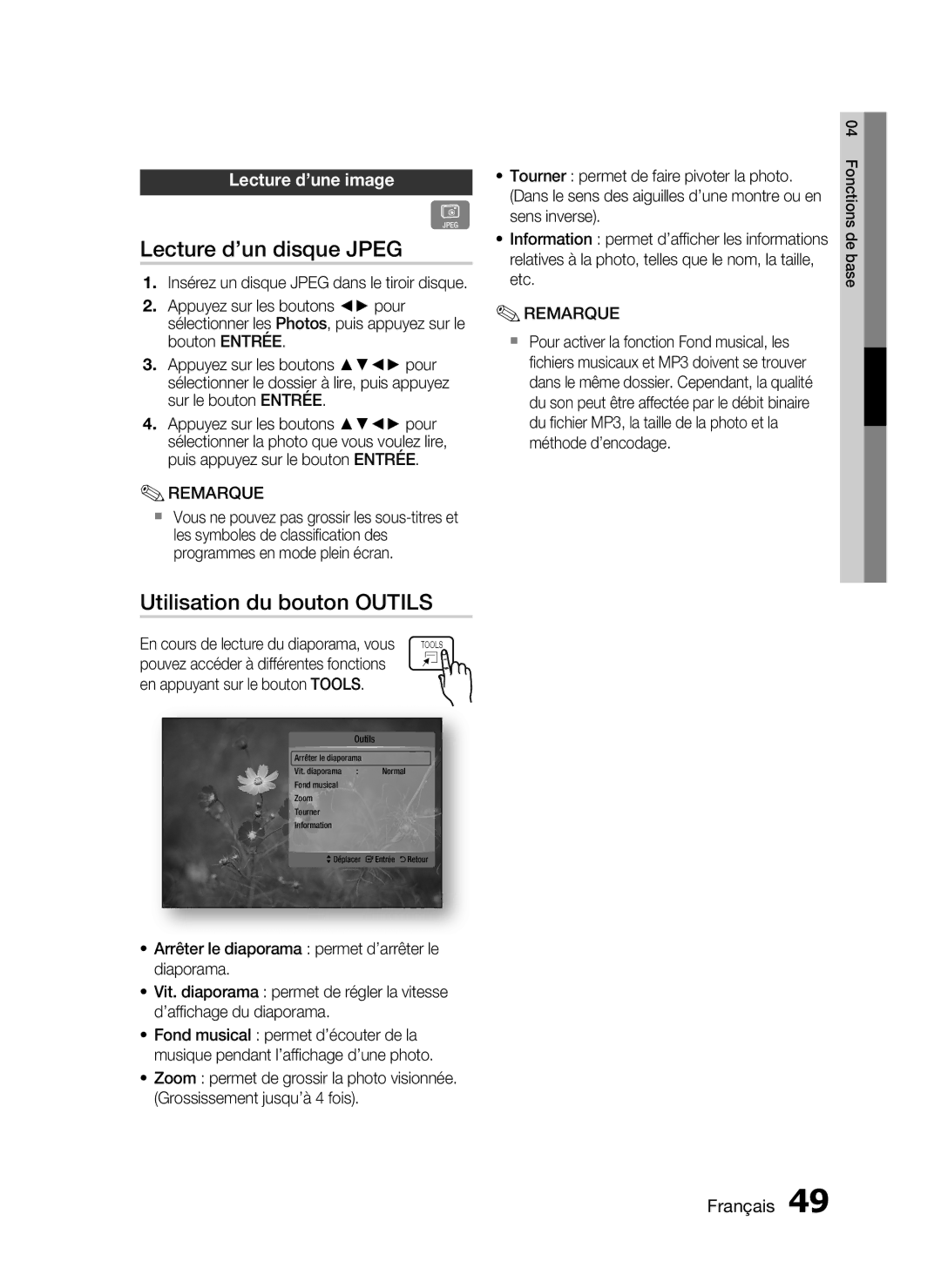 Samsung HT-C5200/XEF manual Lecture d’un disque Jpeg, Utilisation du bouton Outils, Lecture d’une image 