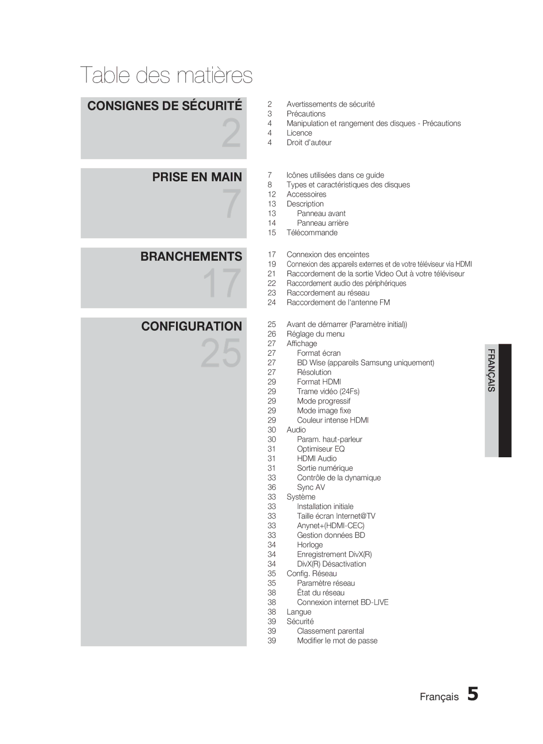 Samsung HT-C5200/XEF manual Table des matières, Consignes DE Sécurité 