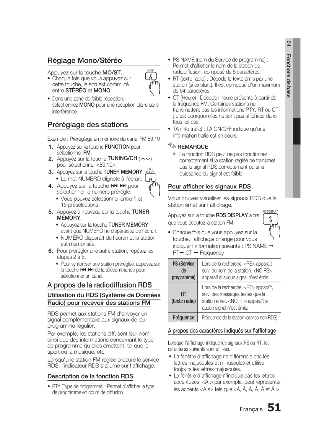 Samsung HT-C5200/XEF manual Réglage Mono/Stéréo, Préréglage des stations, Propos de la radiodiffusion RDS 