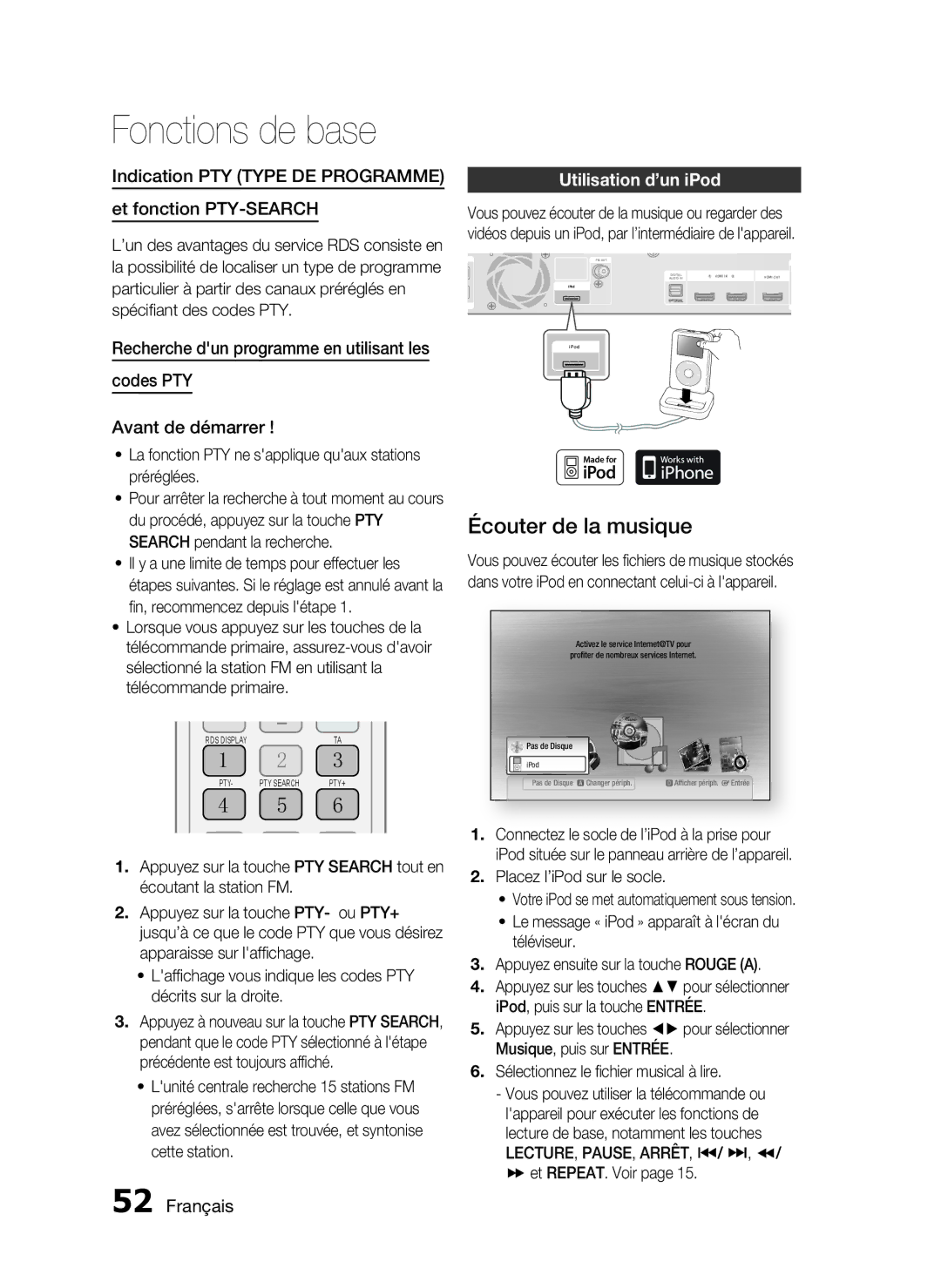 Samsung HT-C5200/XEF Écouter de la musique, Indication PTY Type DE Programme Et fonction PTY-SEARCH, Utilisation d’un iPod 