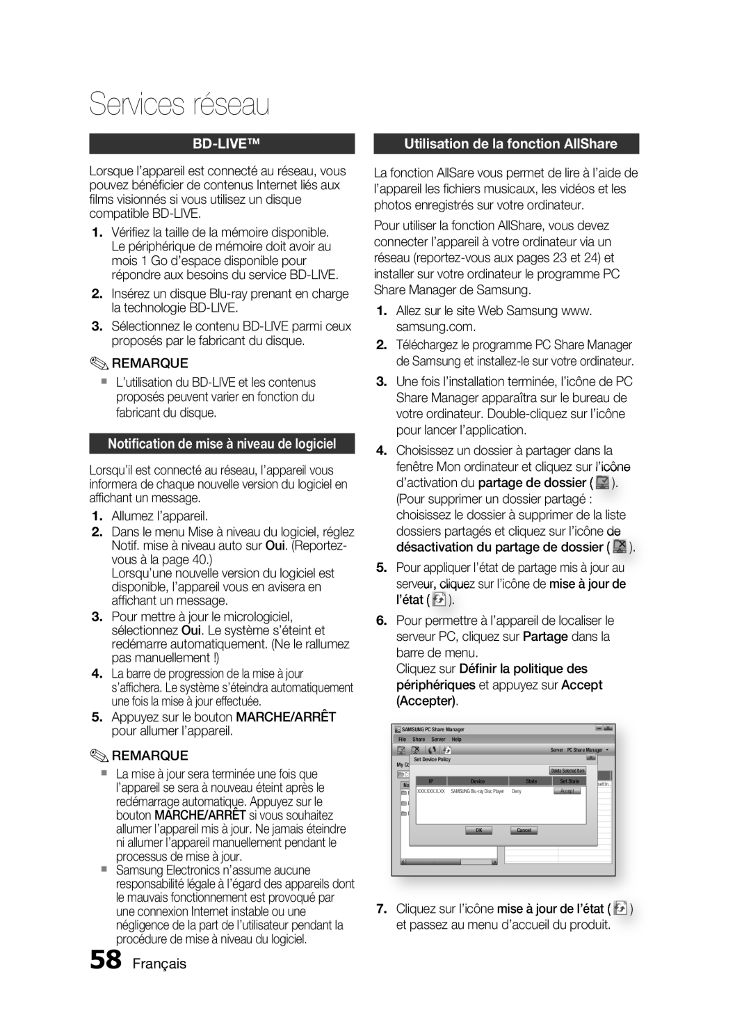 Samsung HT-C5200/XEF manual Bd-Live, Notiﬁcation de mise à niveau de logiciel 