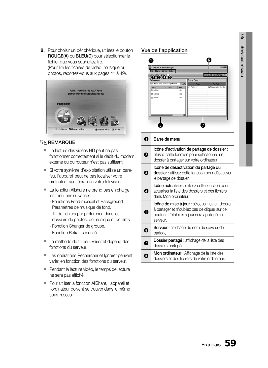 Samsung HT-C5200/XEF manual Vue de l’application, Barre de menu Icône d’activation de partage de dossier 