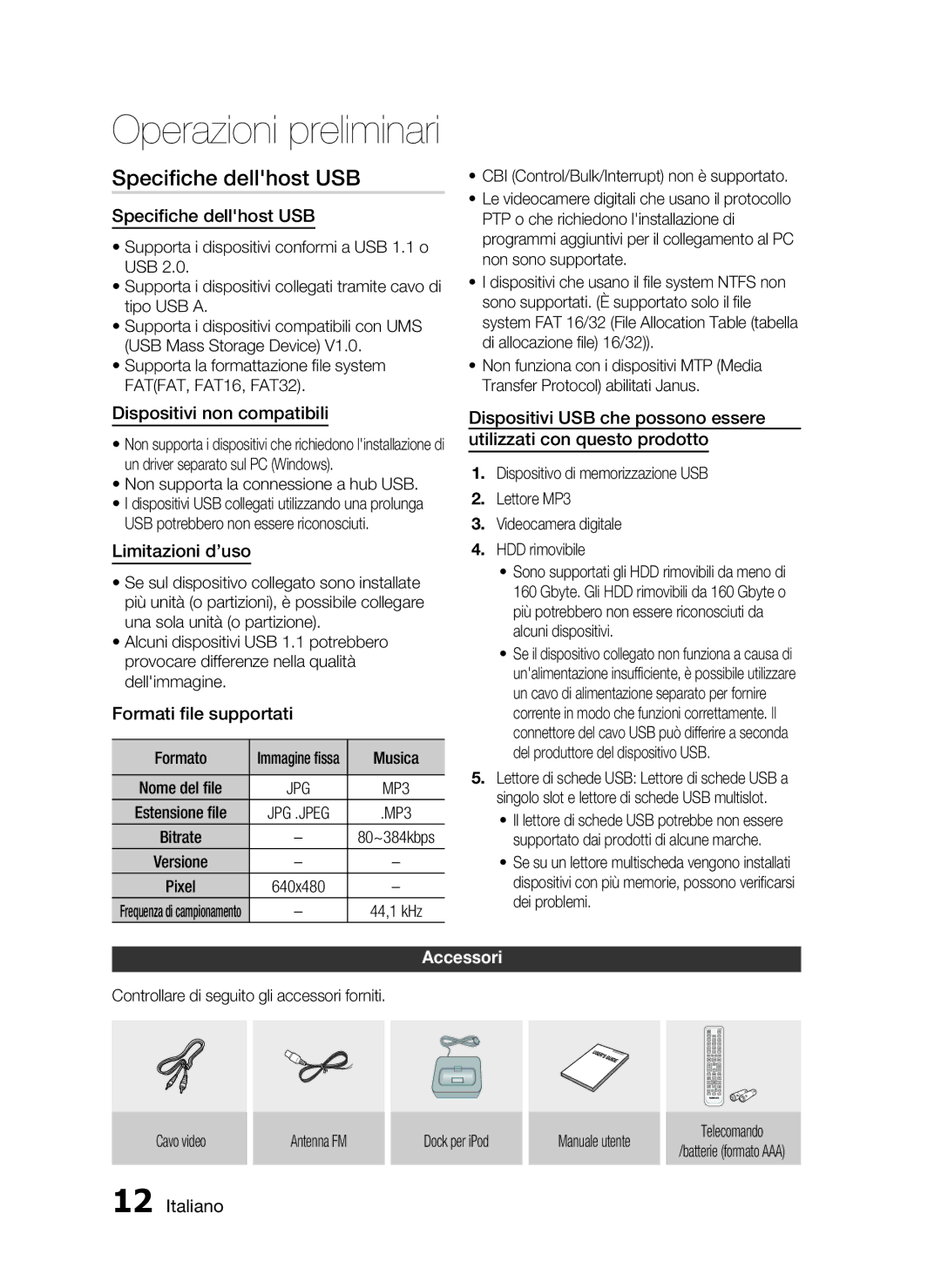 Samsung HT-C5200/XEF manual Speciﬁche dellhost USB, Accessori 