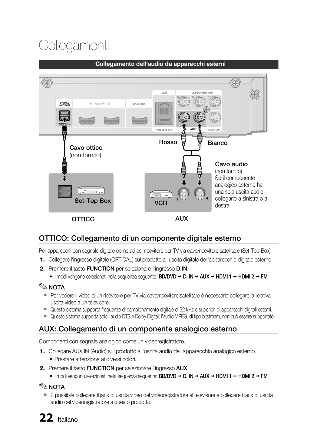 Samsung HT-C5200/XEF Ottico Collegamento di un componente digitale esterno, Collegamento dellaudio da apparecchi esterni 