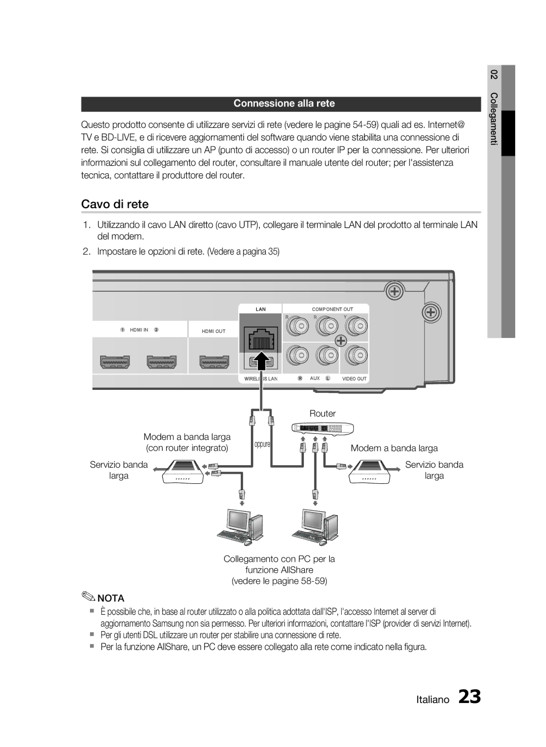 Samsung HT-C5200/XEF manual Connessione alla rete, Servizio banda Larga 