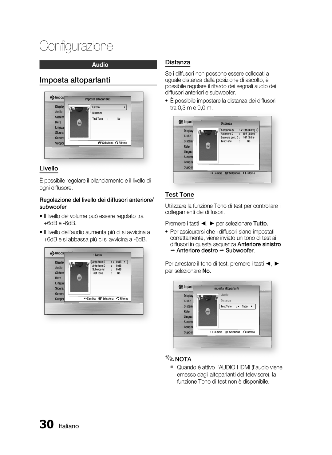 Samsung HT-C5200/XEF manual Imposta altoparlanti, Audio, Livello, Distanza, Test Tone 