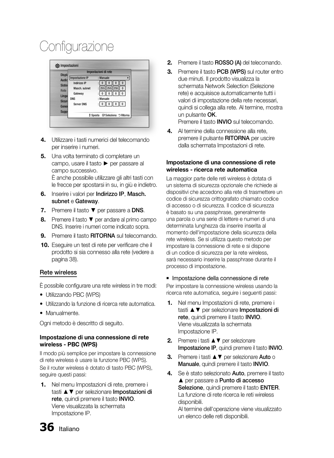 Samsung HT-C5200/XEF manual Rete wireless, Utilizzando PBC WPS, Manualmente Ogni metodo è descritto di seguito 