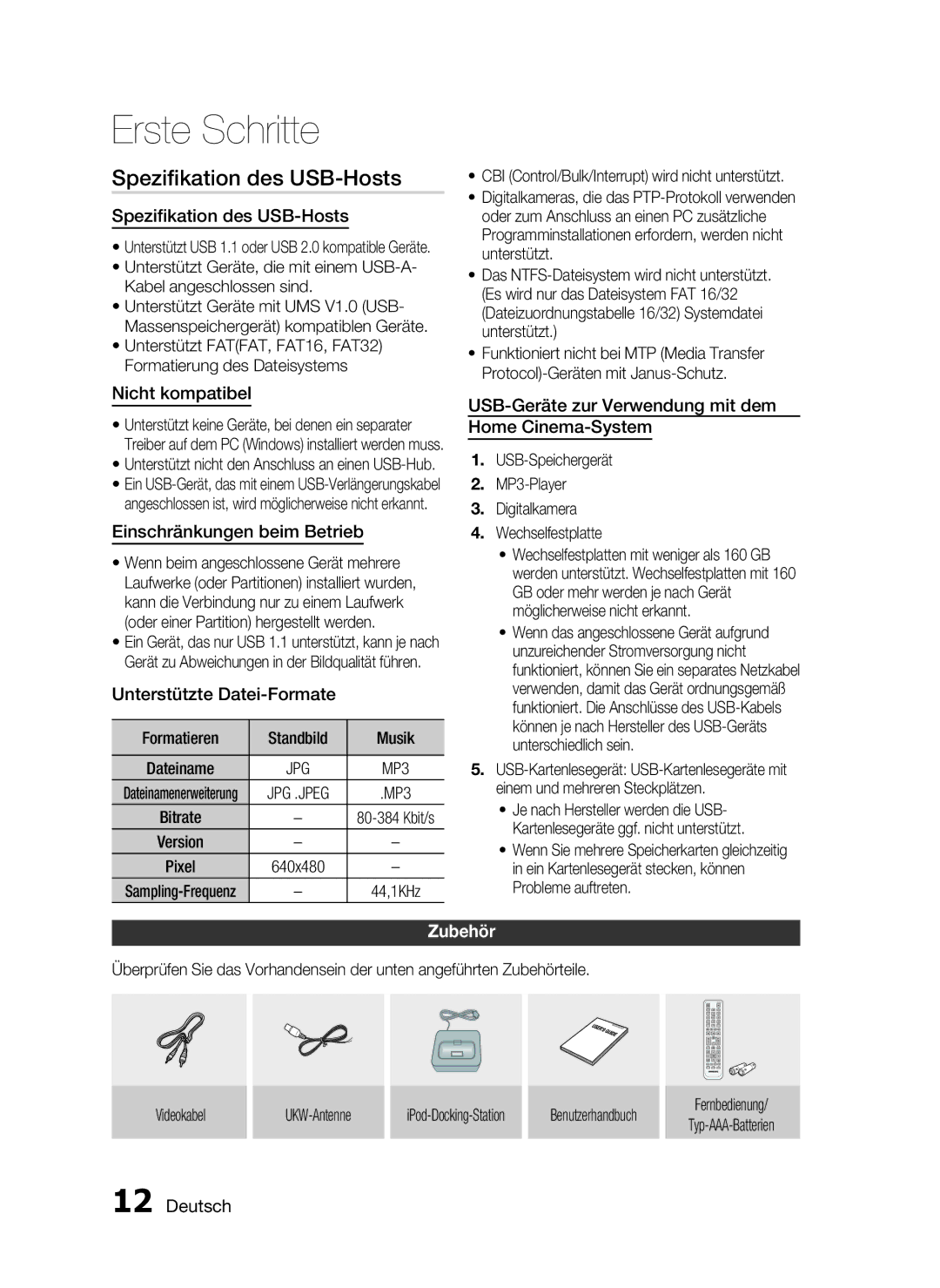 Samsung HT-C5200/XEN, HT-C5200/EDC, HT-C5200/XEF manual Speziﬁkation des USB-Hosts, Zubehör 