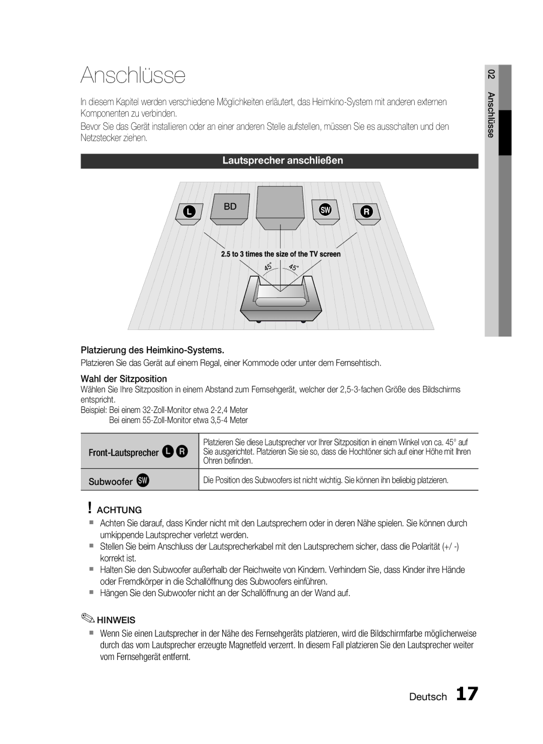 Samsung HT-C5200/XEF, HT-C5200/XEN Anschlüsse, Lautsprecher anschließen, Front-Lautsprecher ei, Ohren beﬁnden, Subwoofer g 