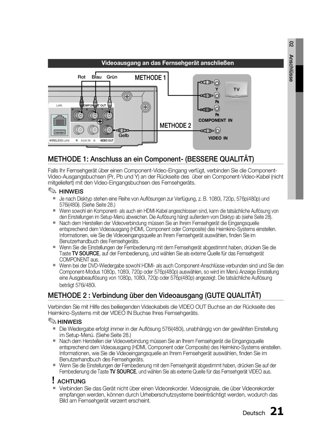 Samsung HT-C5200/XEN Methode 1 Anschluss an ein Component- Bessere Qualität, Videoausgang an das Fernsehgerät anschließen 