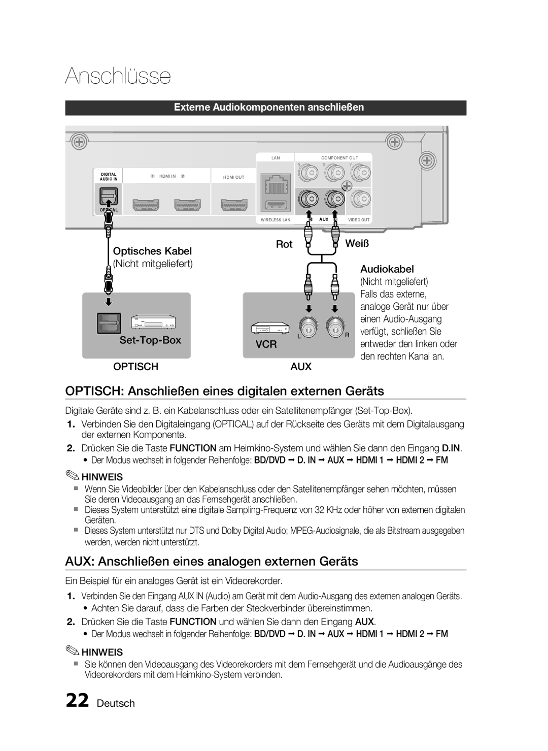 Samsung HT-C5200/EDC Optisch Anschließen eines digitalen externen Geräts, AUX Anschließen eines analogen externen Geräts 