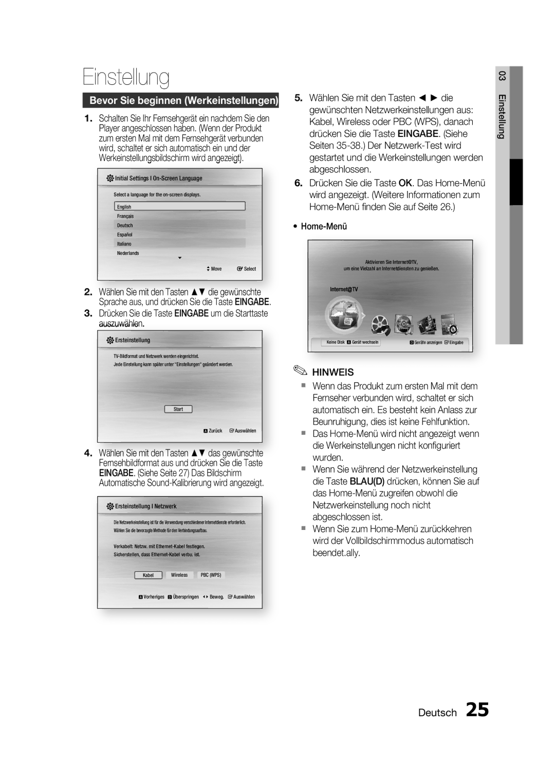 Samsung HT-C5200/EDC, HT-C5200/XEN manual Einstellung, Bevor Sie beginnen Werkeinstellungen, Wählen Sie mit den Tasten die 