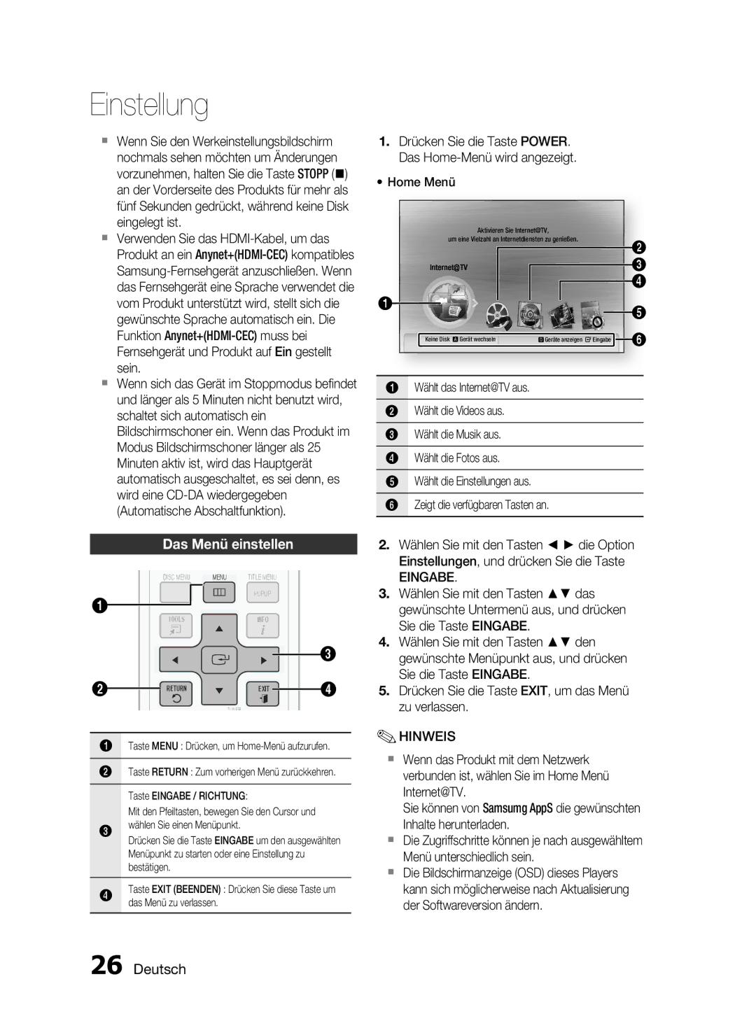 Samsung HT-C5200/XEF, HT-C5200/XEN, HT-C5200/EDC manual Das Menü einstellen, Eingabe 