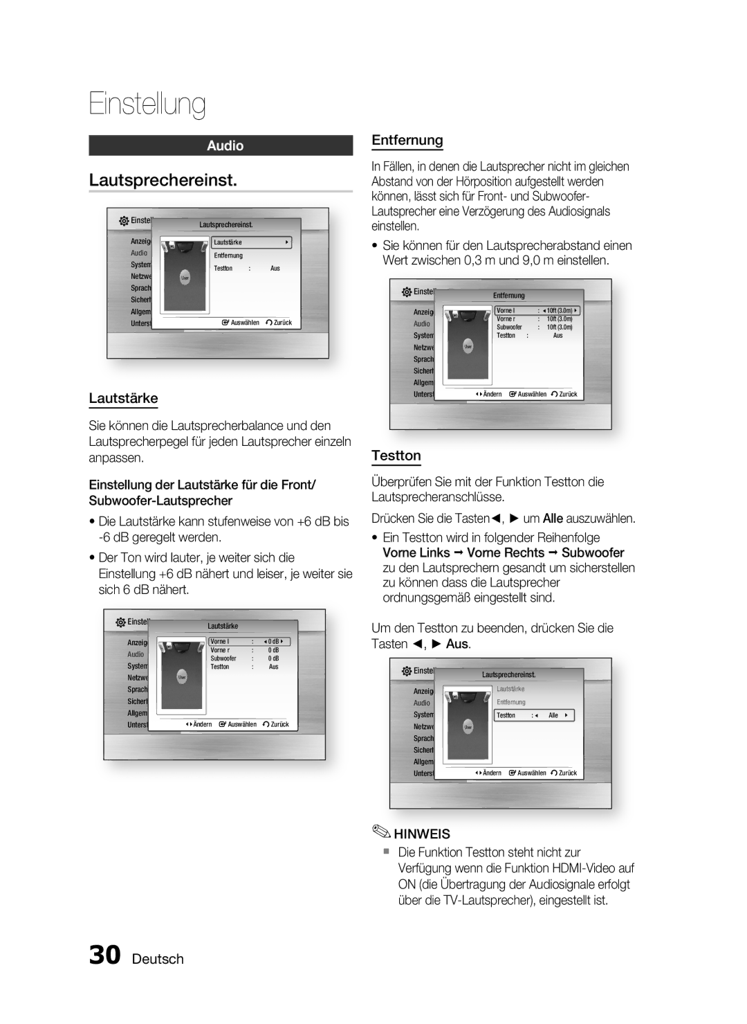 Samsung HT-C5200/XEN, HT-C5200/EDC, HT-C5200/XEF manual Lautsprechereinst, Audio, Lautstärke, Entfernung, Testton 